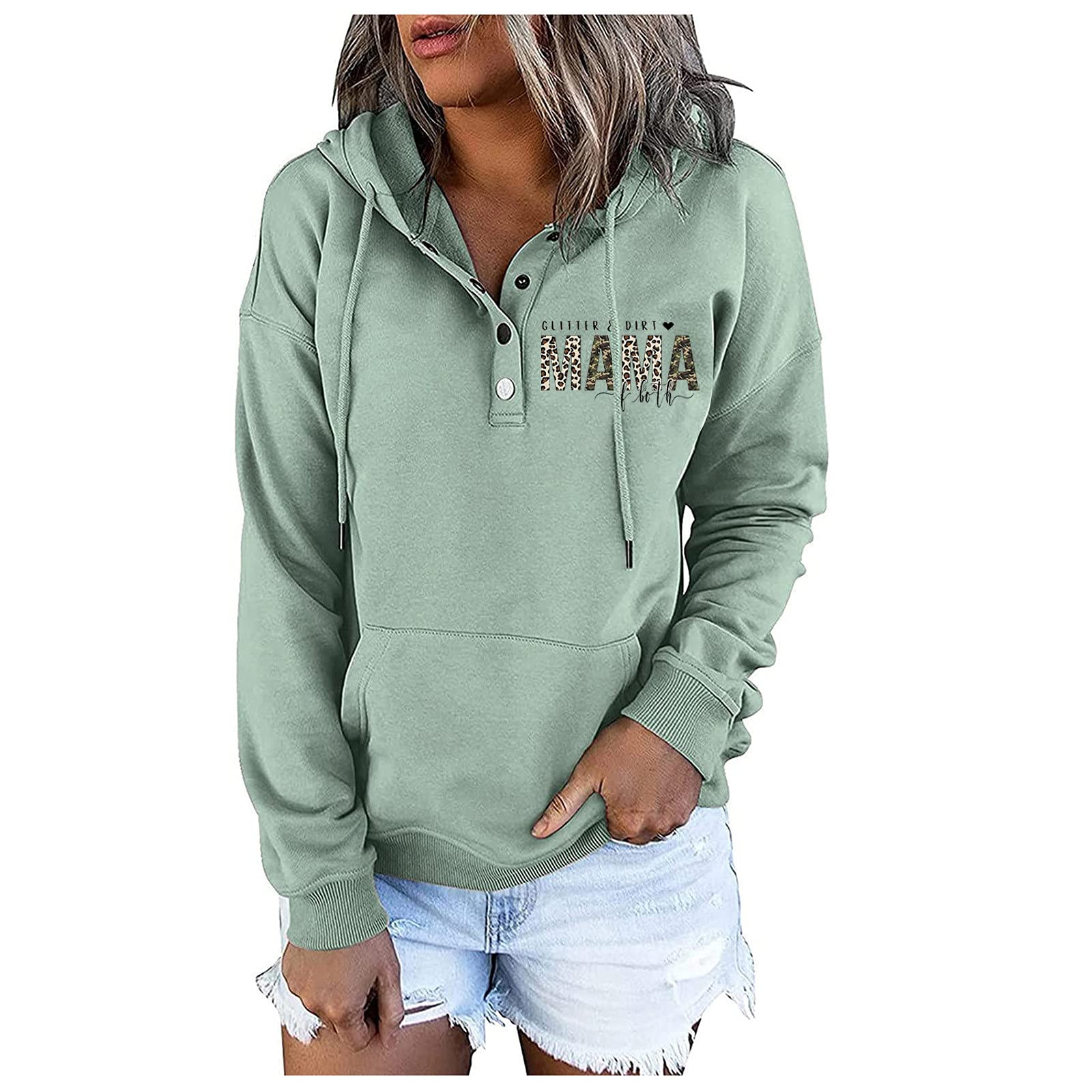 HAOREEKZ Women's Casual Letter Print Pullover Hoodie - Button Down Long Sleeve Pocket Sweatshirt | Perfect for Everyday Wear, Street Fashion & Outdoor Activities
