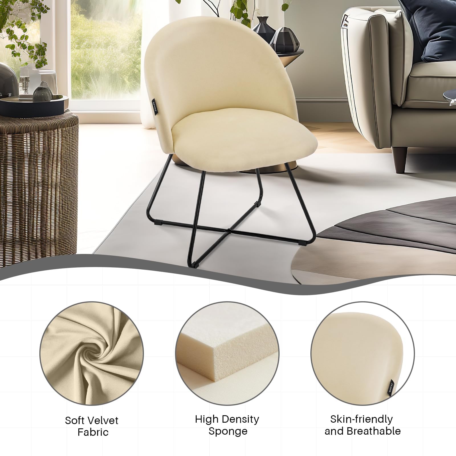Redlife Velvet Vanity Chair with Back - Modern Upholstered Makeup Chair for Bedroom & Dressing Room, Beige Accent Chair for Women's Beauty Station & Home Decor