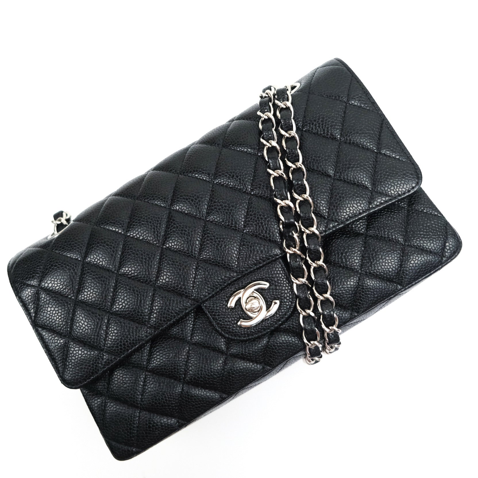 Chanel Classic Double Flap Bag M/L Size in Black Caviar Leather with Silver Hardware - Luxury Handbag for Women, Perfect for Work, Evening Events & Special Occasions