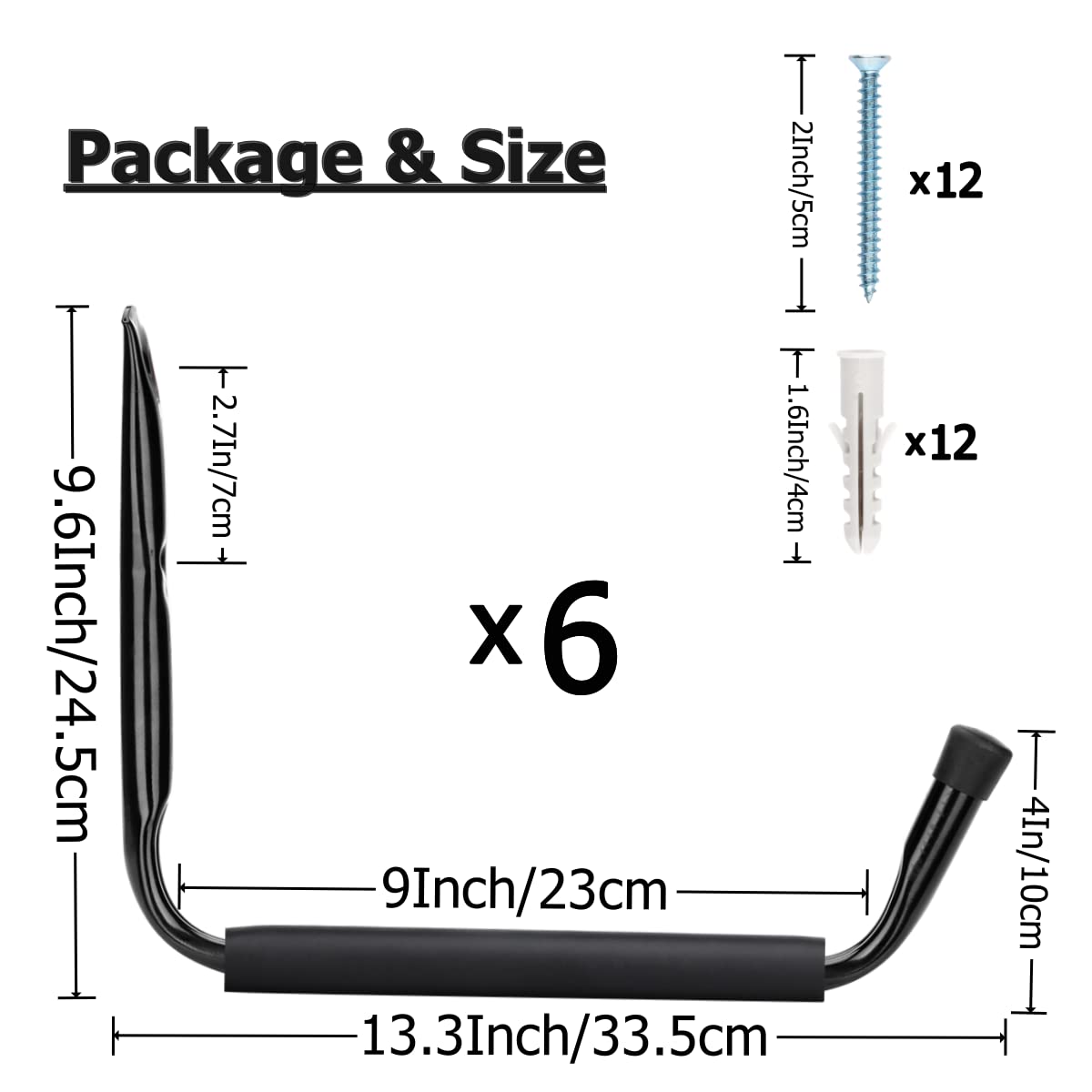 13 Inch Heavy Duty Garage Storage Hooks - 6 Pack Wall Mounted Organizer for Garden Tools, Indoor & Outdoor Use - Perfect for Garage, Shed, Workshop Organization