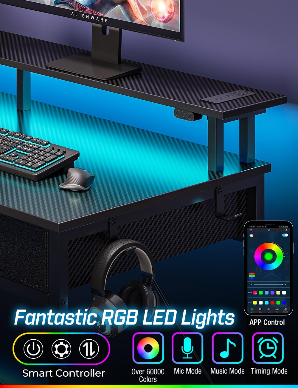 Rolanstar 47-inch Modern Computer Desk with Power Outlets, LED Light & Storage - Home Office Desk with 3 Drawers, Monitor Stand & Shelves - Perfect for Remote Work, Gaming & Study - Carbon Black