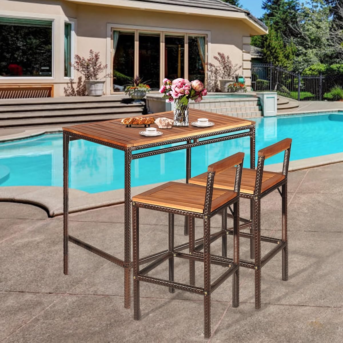 RELAX4LIFE 3-Piece Outdoor Bar Table Set with Acacia Wood Top & 2 Rattan Bar Stools - PE Wicker Patio Dining Set with Backrest & Footrest - Perfect for Backyard, Porch, Poolside & Garden Relaxation