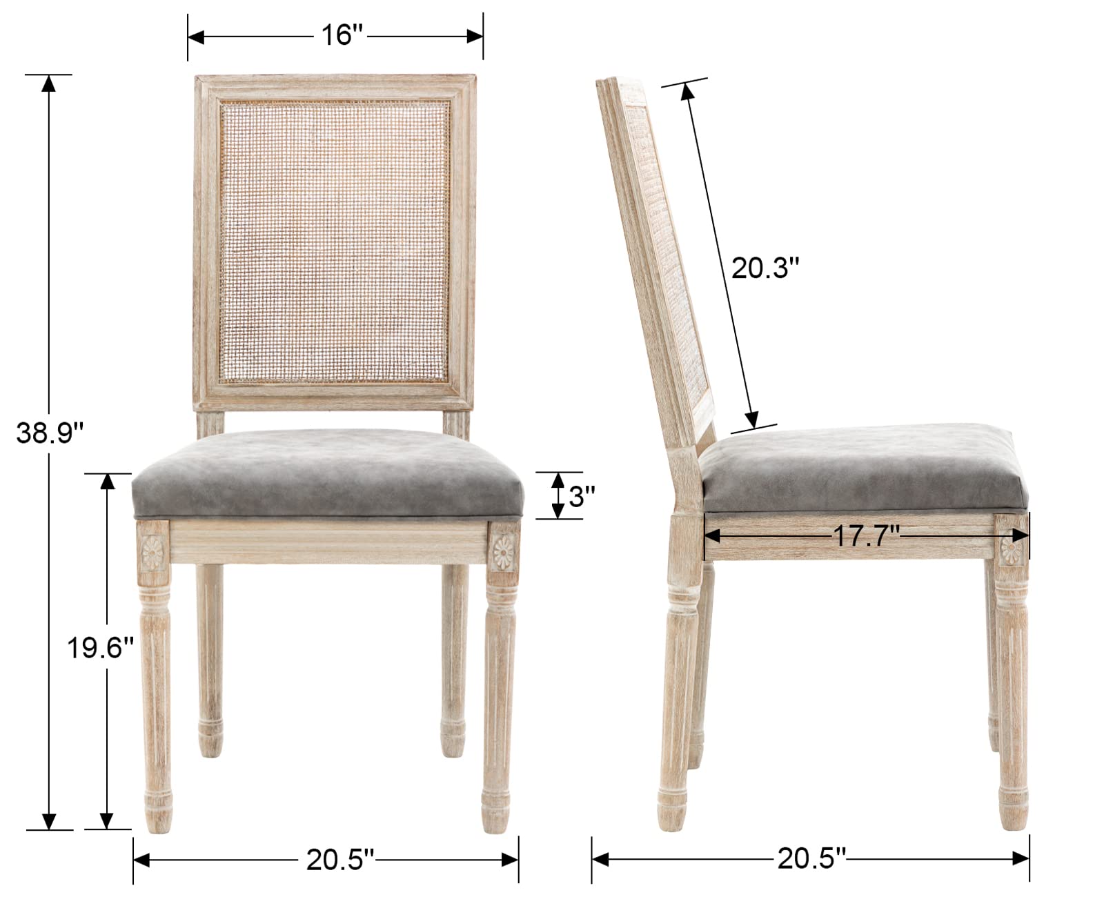 Premium PU Leather Dining Chairs Set of 2 - French Farmhouse Style with Rattan Square Back - Comfortable Kitchen & Living Room Seating for Home, Restaurant, Cafe (Grey)