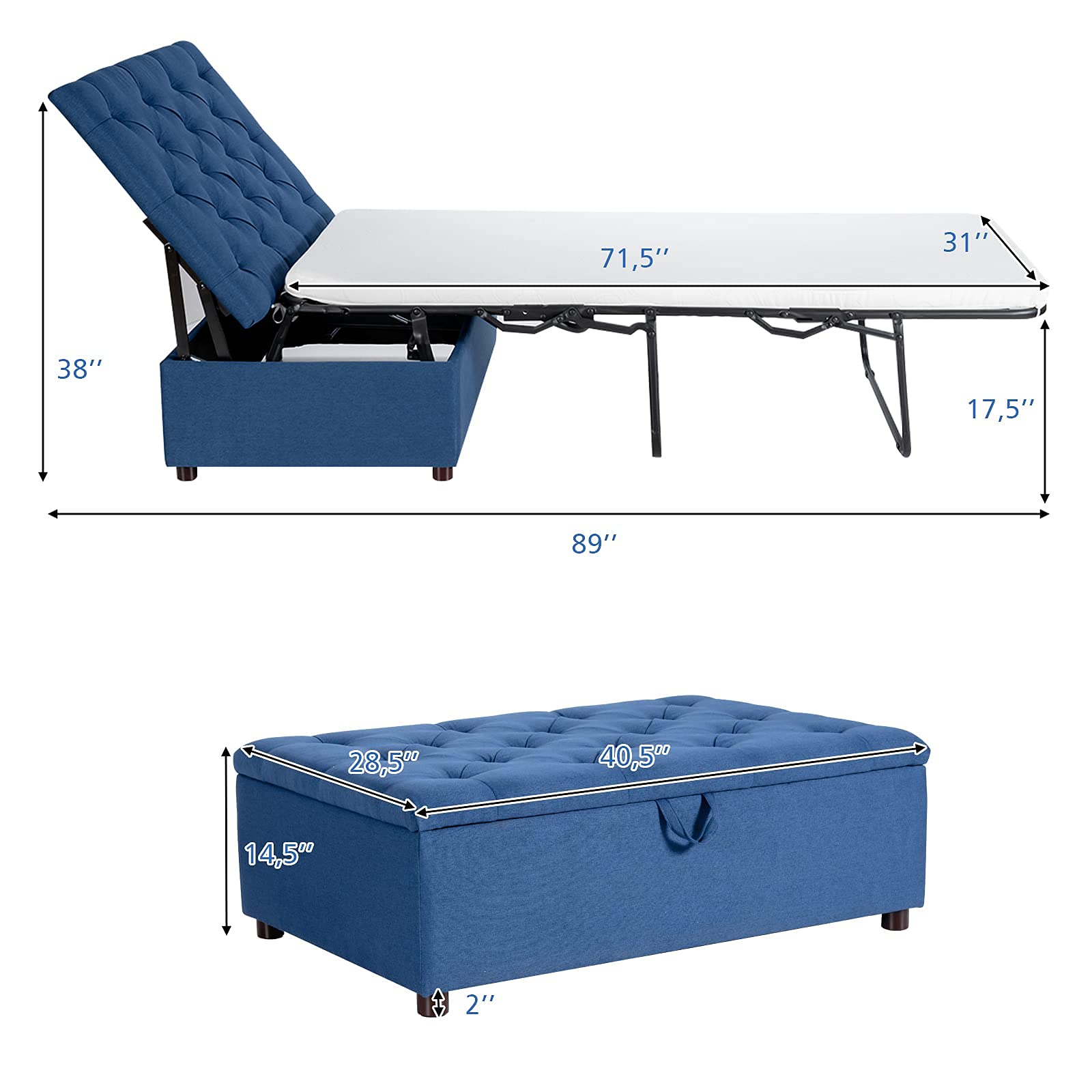 Giantex Ottoman Folding Bed with Mattress - Convertible Chair to Sofa Bed, Steel Frame Sleeper Couch for Guest & Lounge - Dual Use Living Room, Bedroom & Office Furniture (Blue) | Perfect for Small Spaces, Overnight Guests & Multi-Functional Furniture Needs