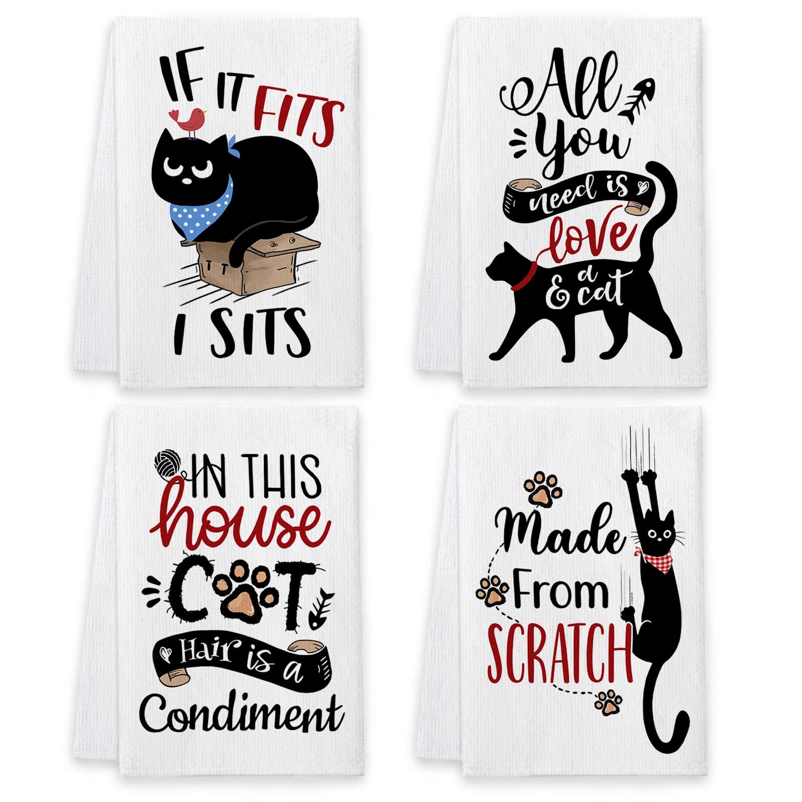Bonsai Tree Cat Kitchen Towels Set of 4 - Funny Cat Mom Gifts for Women, Cute Printed Dish Towels with Humorous Sayings, Absorbent Tea Towels for Housewarming, New Home Decor & Kitchen Essentials | Perfect for Cat Lovers, Tea Parties & Housewarming Gifts
