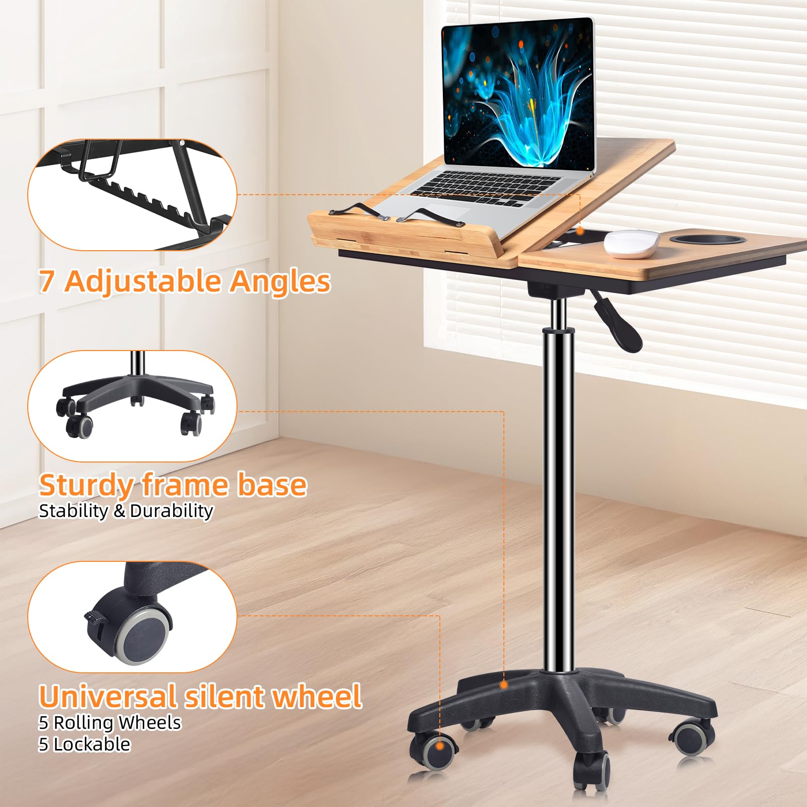 Wishacc Adjustable Rolling Podium Stand - Over Bed Table & Laptop Workstation with Wheels (30.5-43.7 inches) | Perfect for Home Office, Hospital Bed & Classroom Presentations