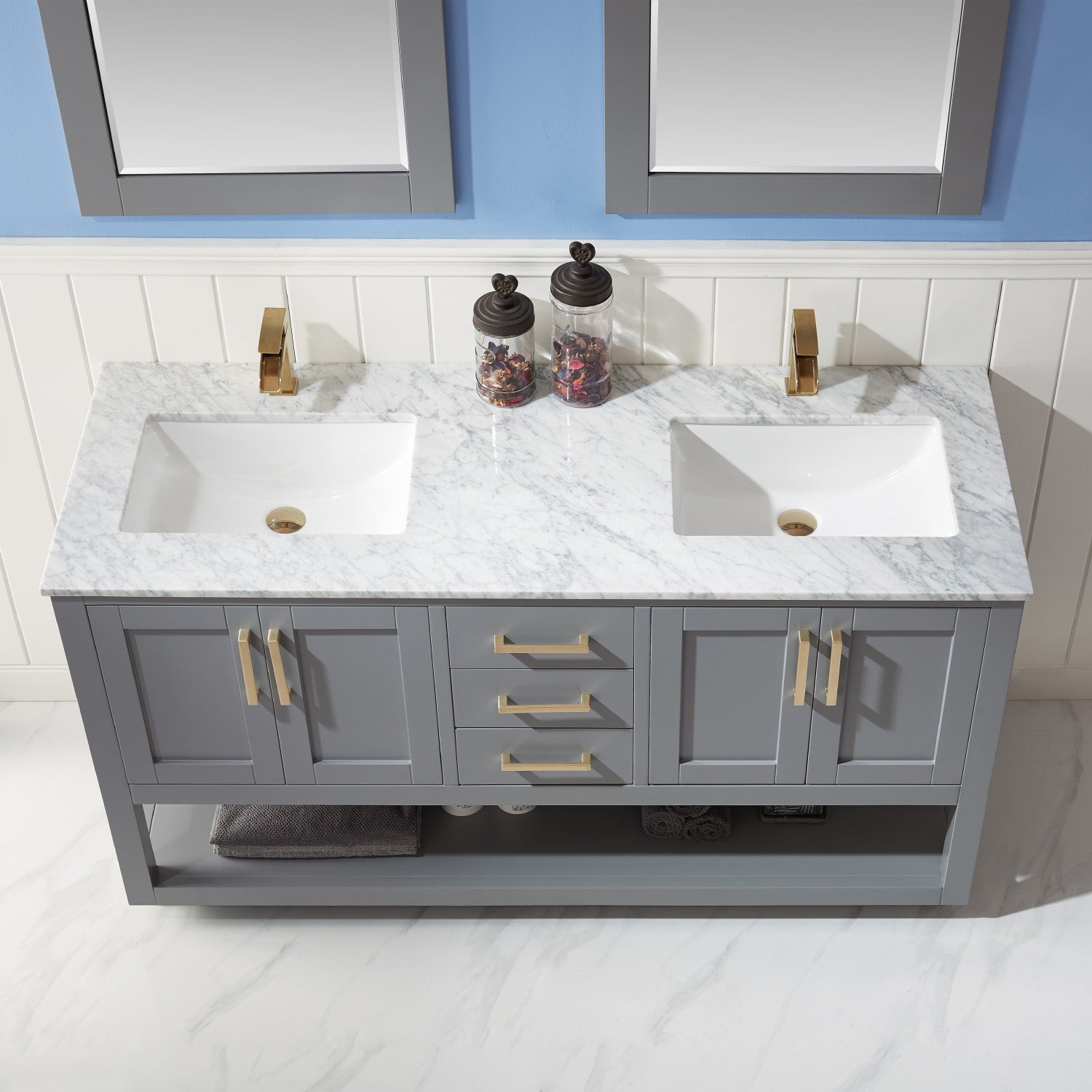 Remi 60 Inch Double Bathroom Vanity Set with Marble Countertop - Modern Bathroom Furniture for Master Bath & Guest Bath Renovation