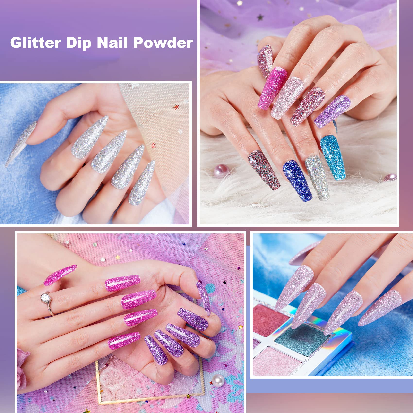Wakaniya Dip Powder Nail Kit - 8 Colors Glitter Purple Galaxy Nail Powder Set with Base & Top Coat, Nail Remover Pads | Complete Starter Kit for Beginners | Perfect for Home Manicures, Salon-Quality Nails & DIY Nail Art