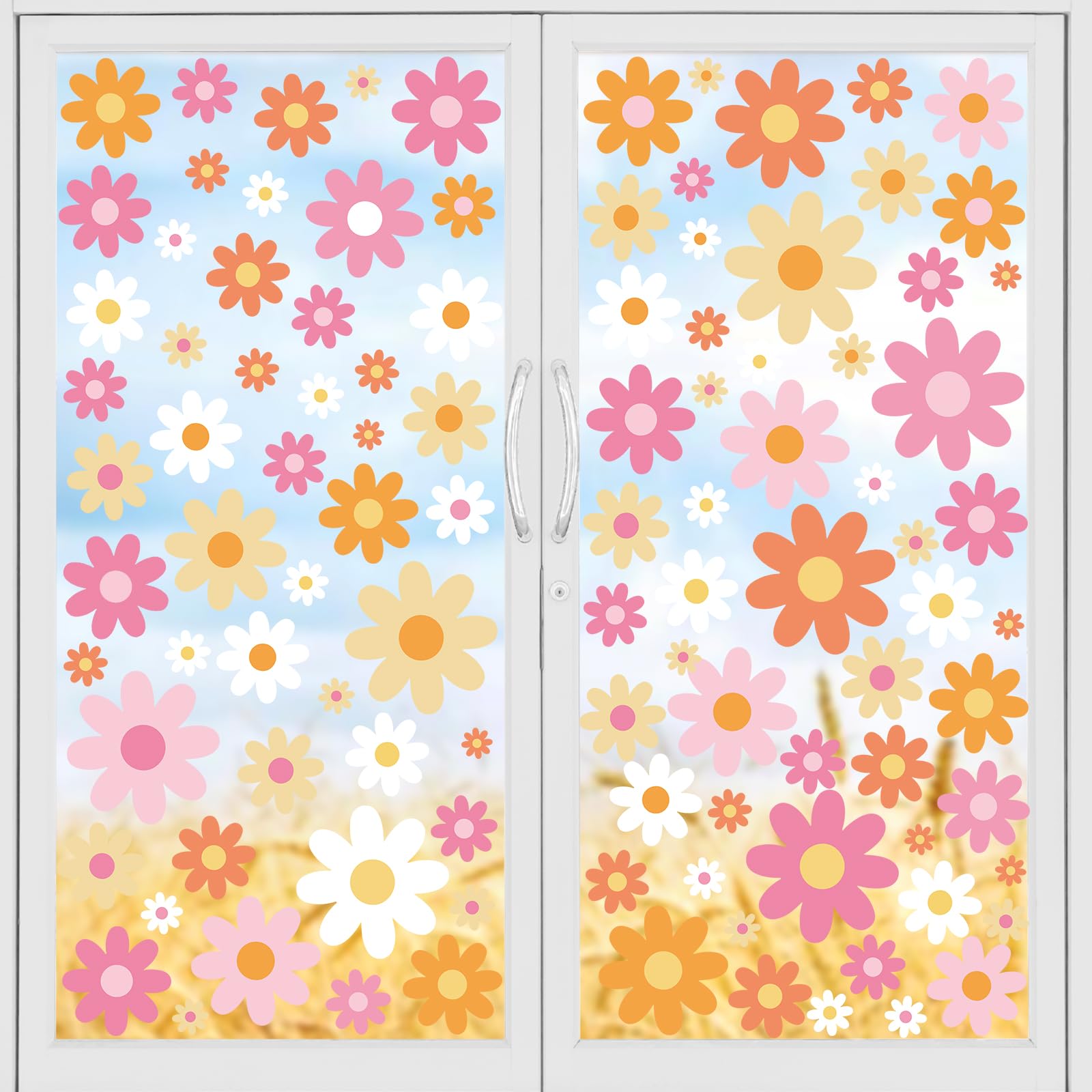 **Whaline 9-Sheet Retro Daisy Window Clings - Colorful Double-Sided Flower Decals for Spring & Boho Decor (7.8