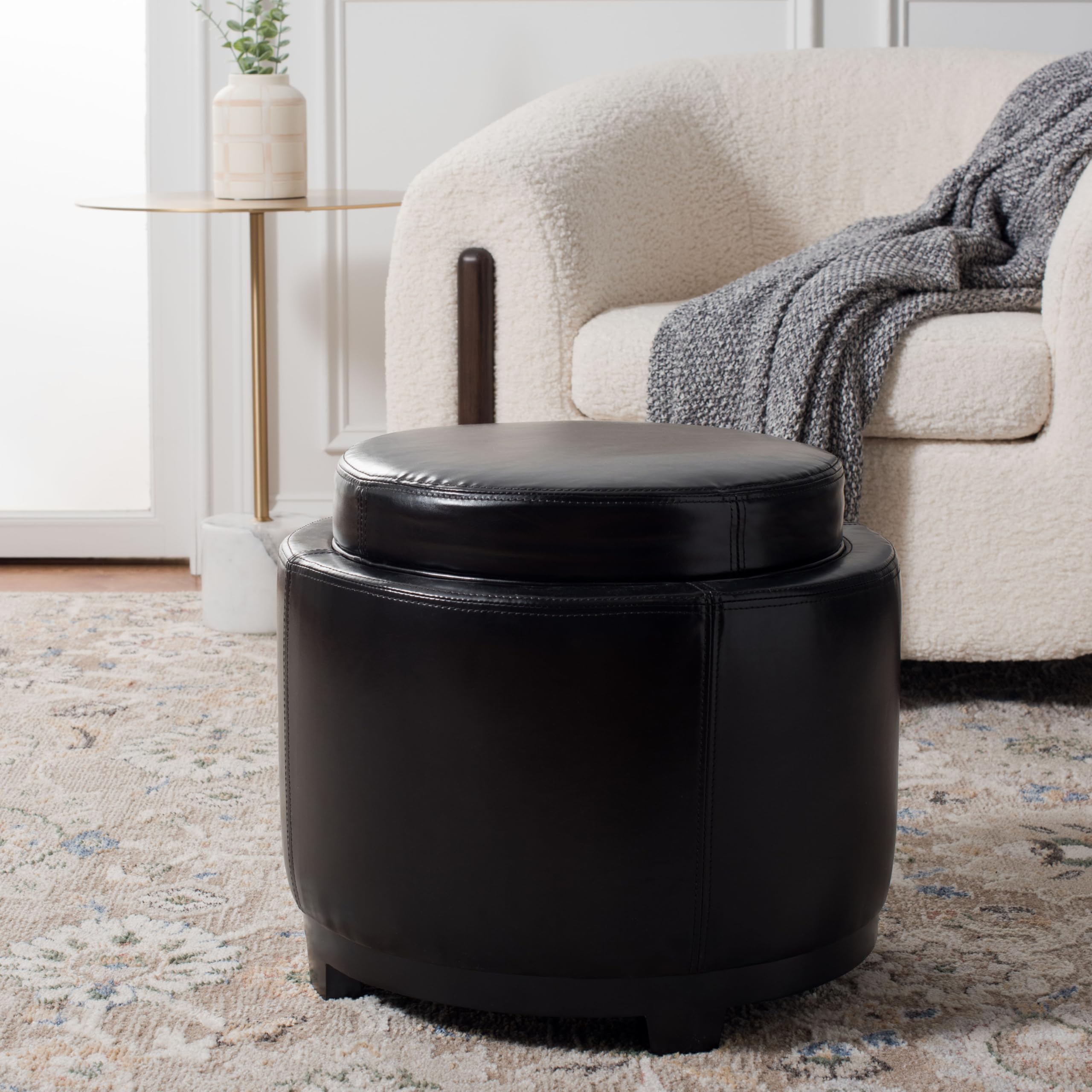 Safavieh Hudson Collection Chloe Leather Round Storage Ottoman with Tray - Stylish Footrest & Coffee Table for Living Room, Bedroom, or Office