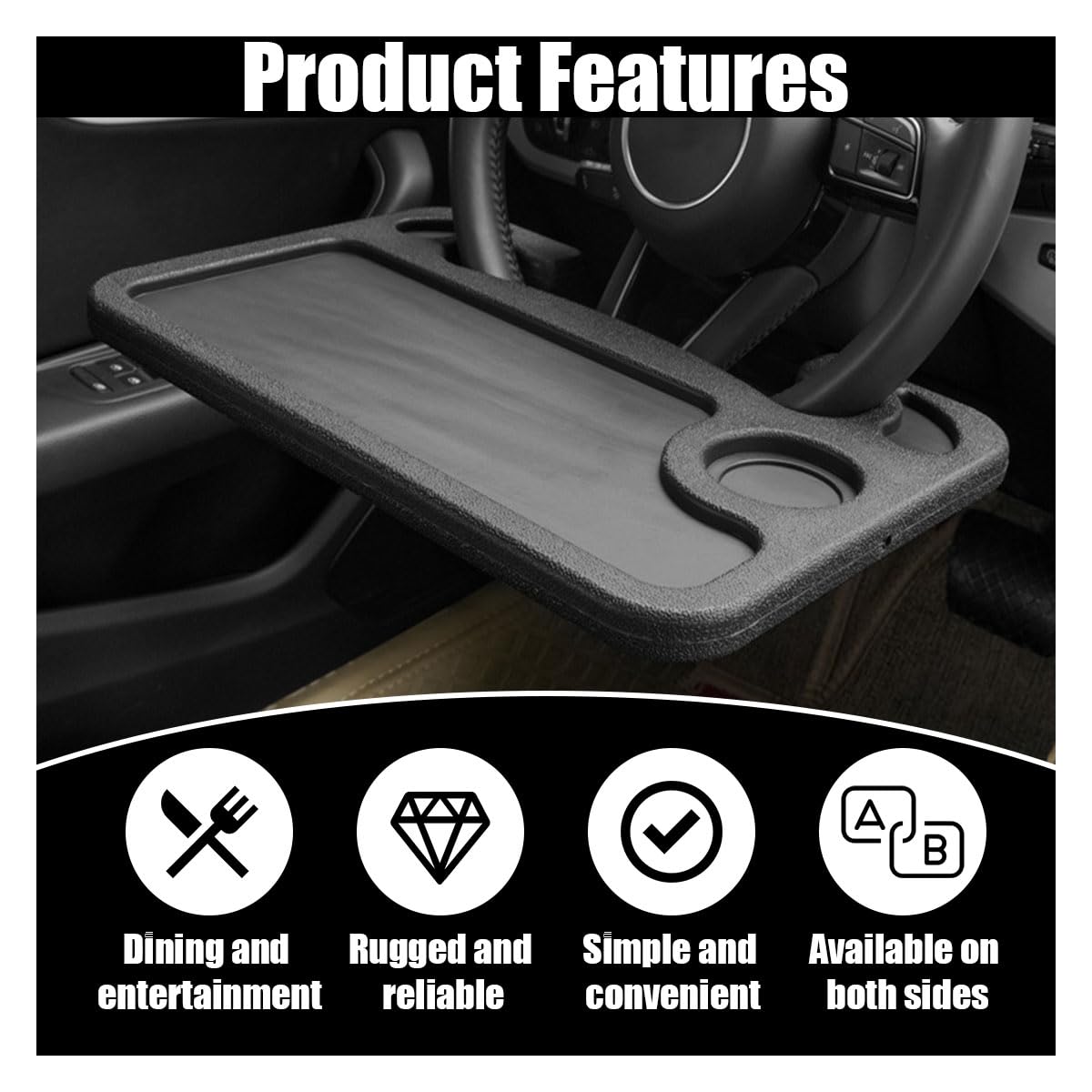 Car Steering Wheel Tray - Multipurpose Auto Desk for Eating, Working & Laptops - Black Travel Accessory Fits Most Vehicles | Perfect for Road Trips, Office Work & Meals On-The-Go