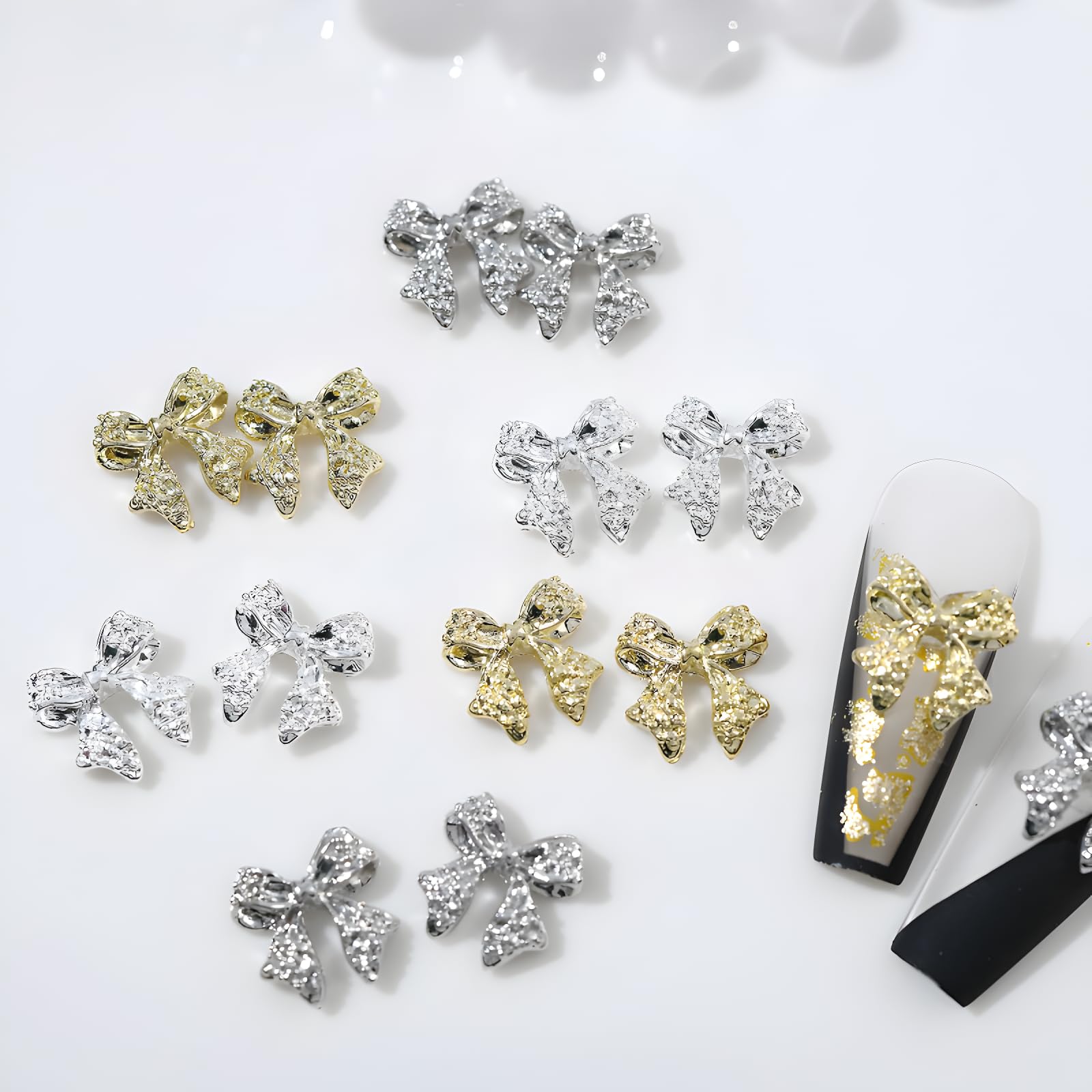 36 Pcs 3D Alloy Bow Nail Charms - Silver & Gold Rhinestone Nail Art Decorations for DIY Acrylic Nails | Perfect for Women and Girls Nail Art, Bridal Manicures, Party Nail Designs