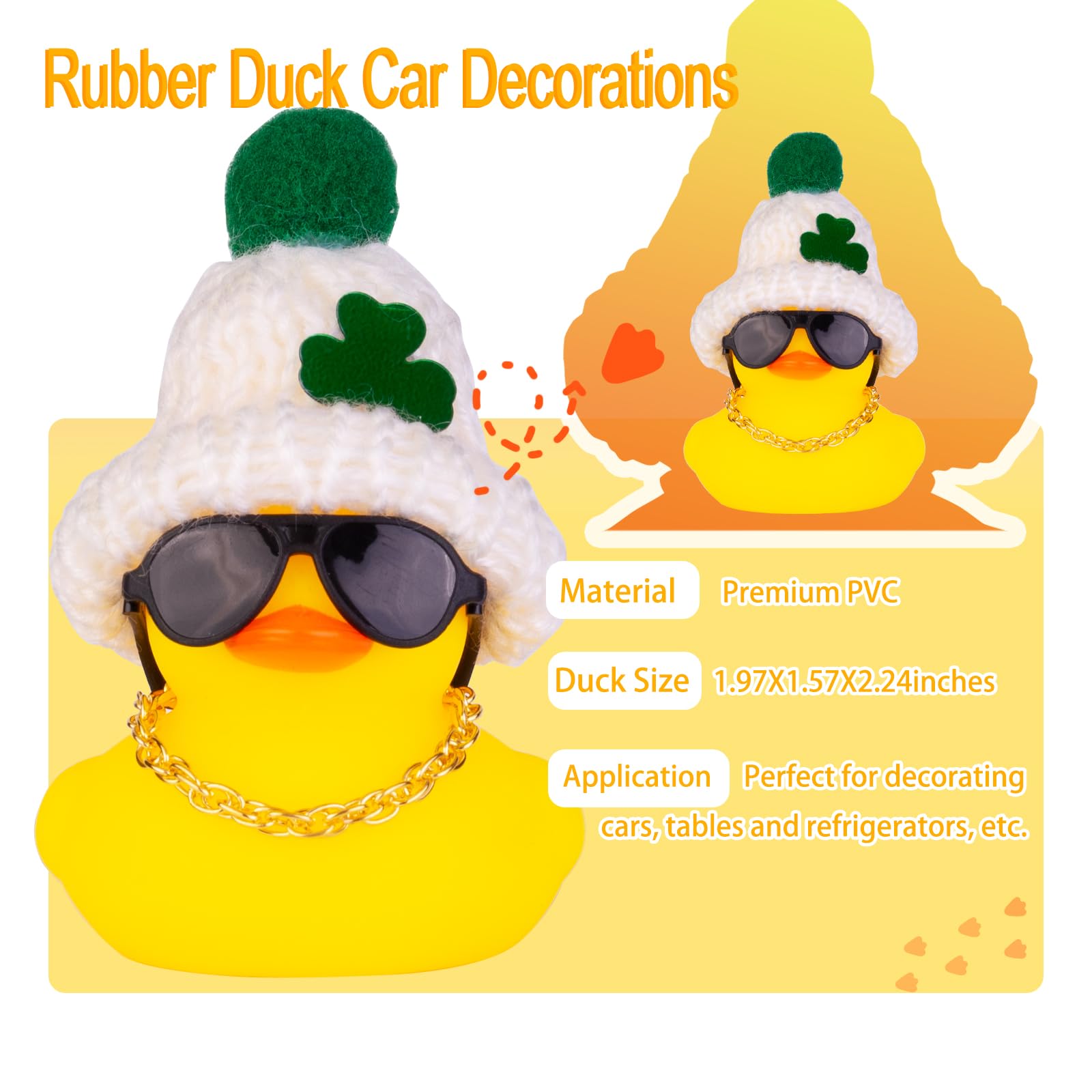 Cute Rubber Duck Car Dashboard Decoration with Mini Beanie Hat, Necklace & Sunglasses - Fun St. Patrick's Day Car Accessories for Party & Holiday Decor