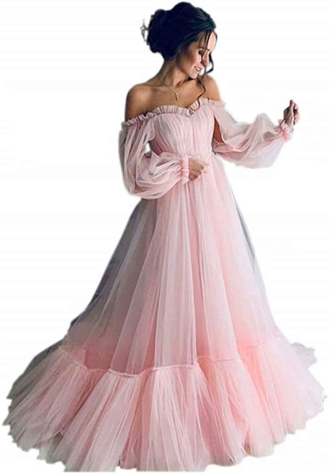 Vintage Off Shoulder Long Puffy Sleeves Ruffle Tulle Princess Prom Quinceanera Dresses for Women - Elegant Formal Gowns for Wedding, Ball, Party & Special Occasions