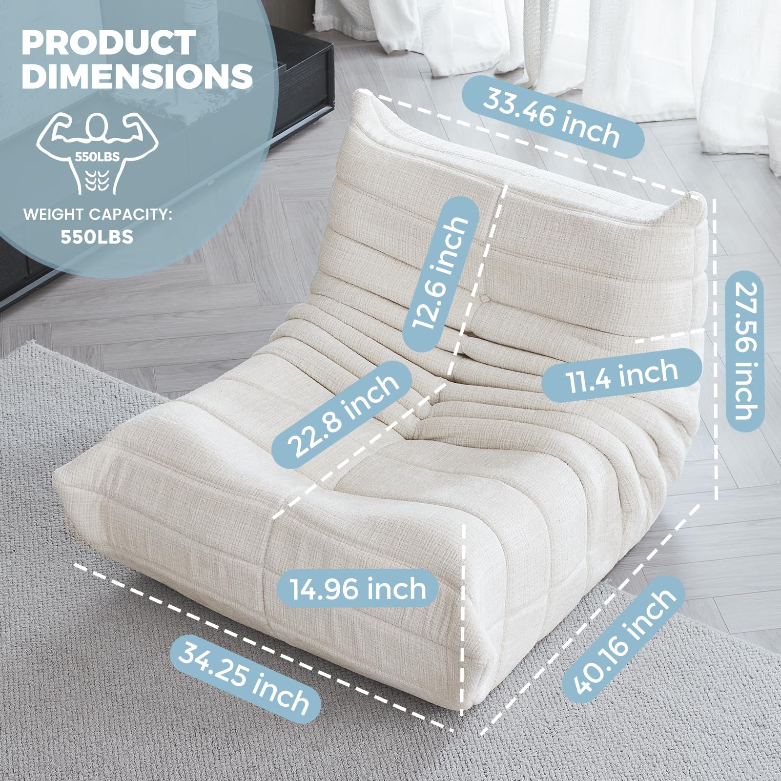 Comfy Fireside Bean Bag Chair for Adults - Modern Chenille Fabric Togo Floor Sofa with High-Density Foam, Single Caterpillar Design - Perfect for Living Room, Bedroom, Salon & Cozy Corners (White)