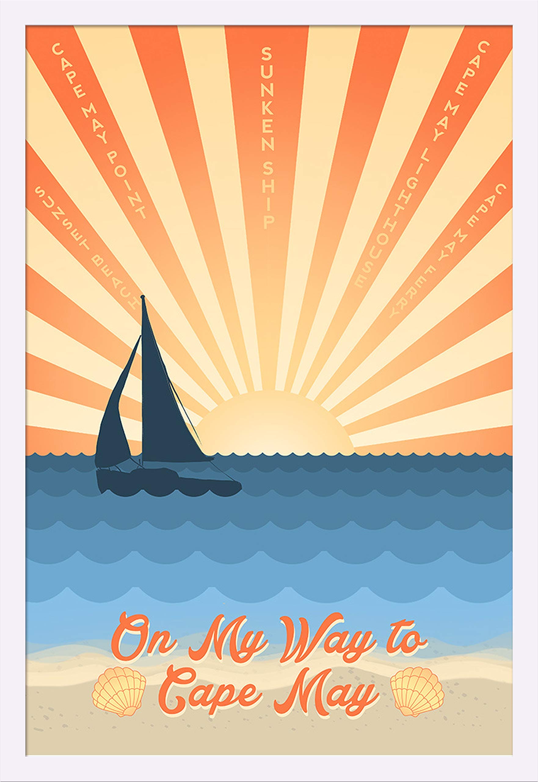 Cape May New Jersey Beach Scene with Rays and Sailboat - 24x36 Giclee Art Print, Gallery Framed in White Wood - Perfect for Coastal Decor, Living Room Wall Art & Beach House Style