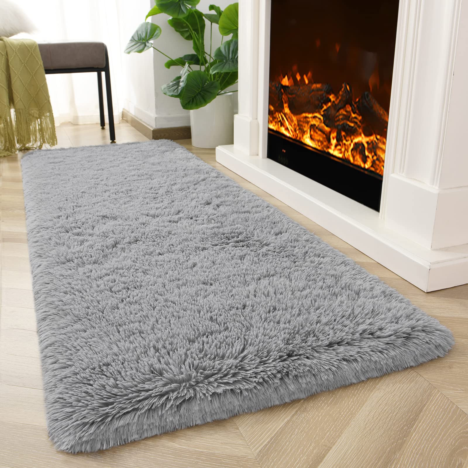 Kimicole Grey Area Rug 2x6 Feet - Modern Fluffy Shaggy Rug for Bedroom & Living Room - Soft Plush Carpet for Home Decor, Kids Play Area, Nursery & Office