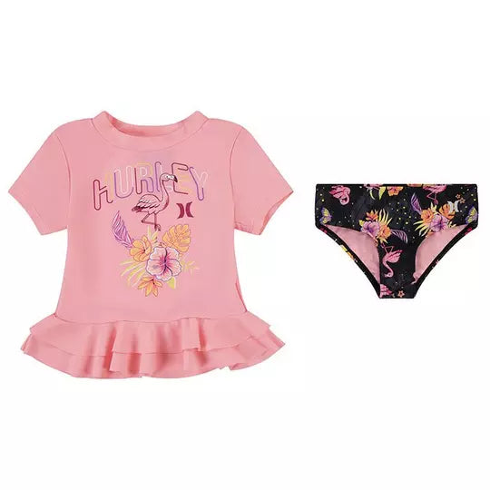 Hurley Girls' Floral Rashguard Two Piece Set - 2T 4T Size - UV Protection Swimwear for Toddler Beach & Pool Play