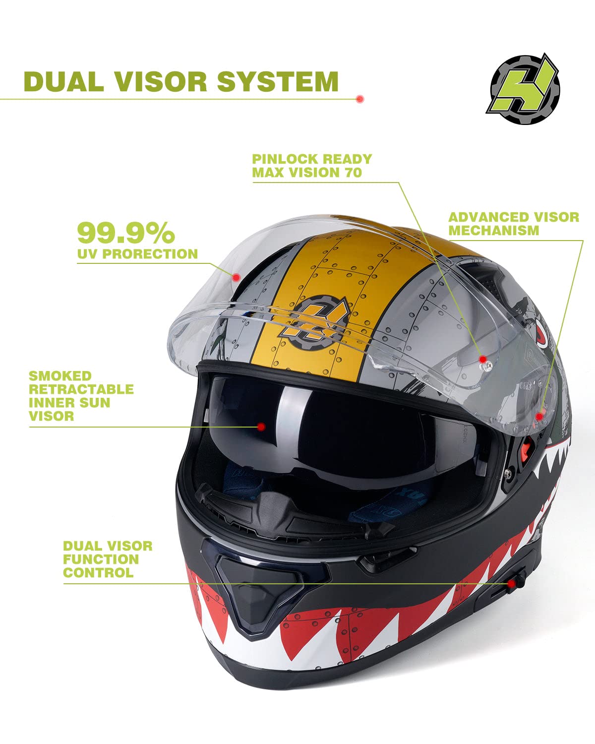 HAX Full Face Motorcycle Helmet DOT Approved - Lightweight Dual Rear Wing Street Bike Helmet for Adults with Pinlock Ready (Impulse Spitfire, XL) - Perfect for Urban Commuting, Highway Riding & Motorcycle Touring