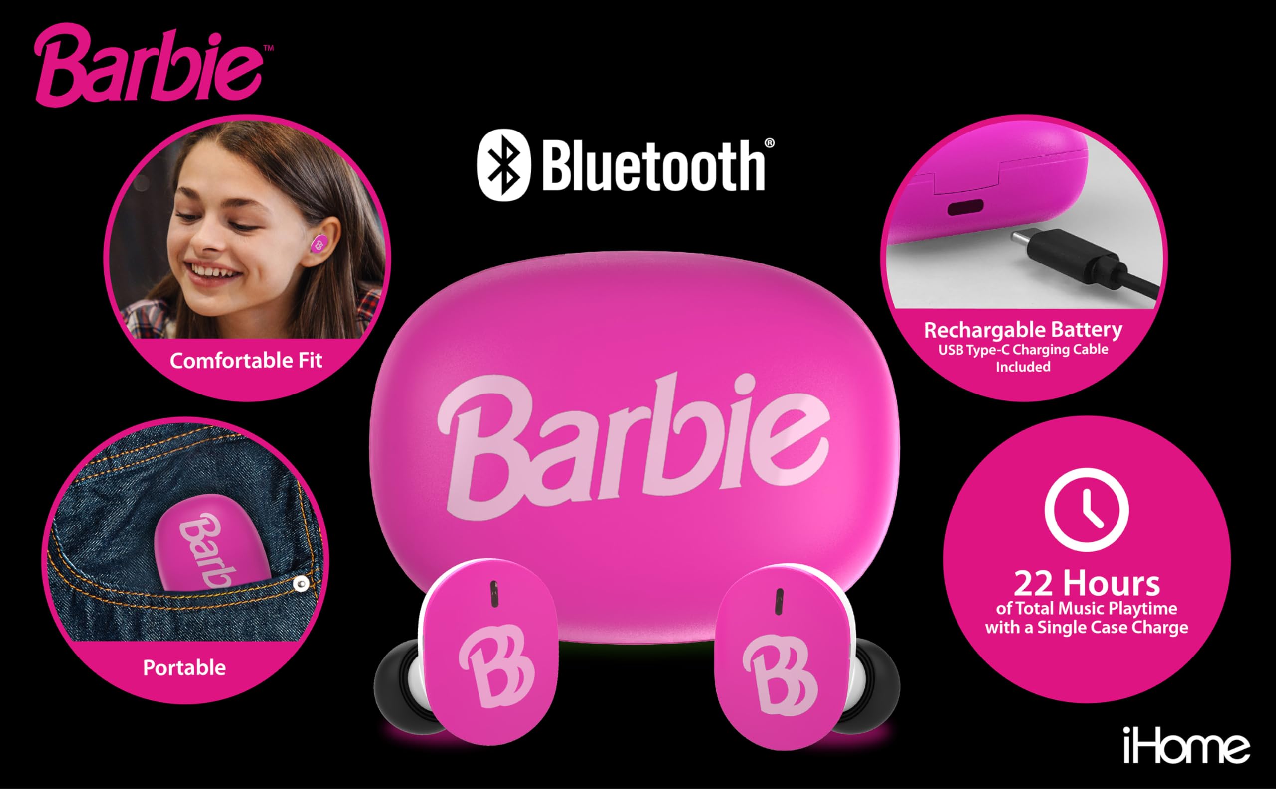 Barbie Wireless Earbuds with Microphone - Bluetooth 5.0 Headphones with Charging Case, 24H Playtime, Noise Cancelling for Kids | Perfect for School, Home, Travel & Online Learning