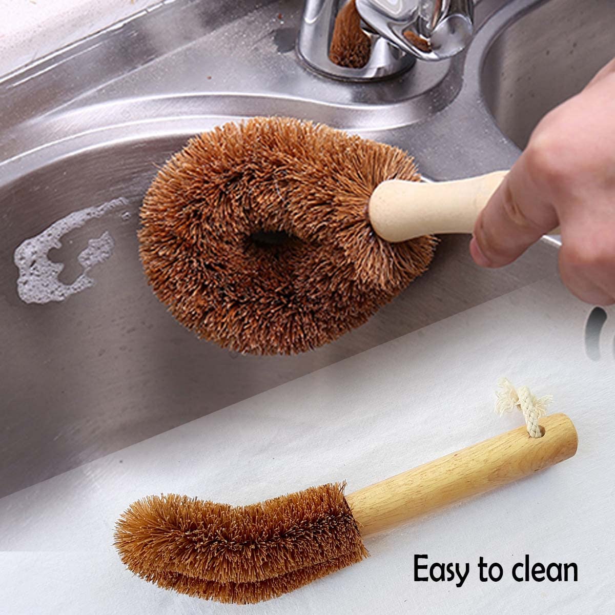 Natural Coconut Fiber Scrub Brush Set - Wooden Handle for Dish, Bottle & Veggie Cleaning - Pack of 2