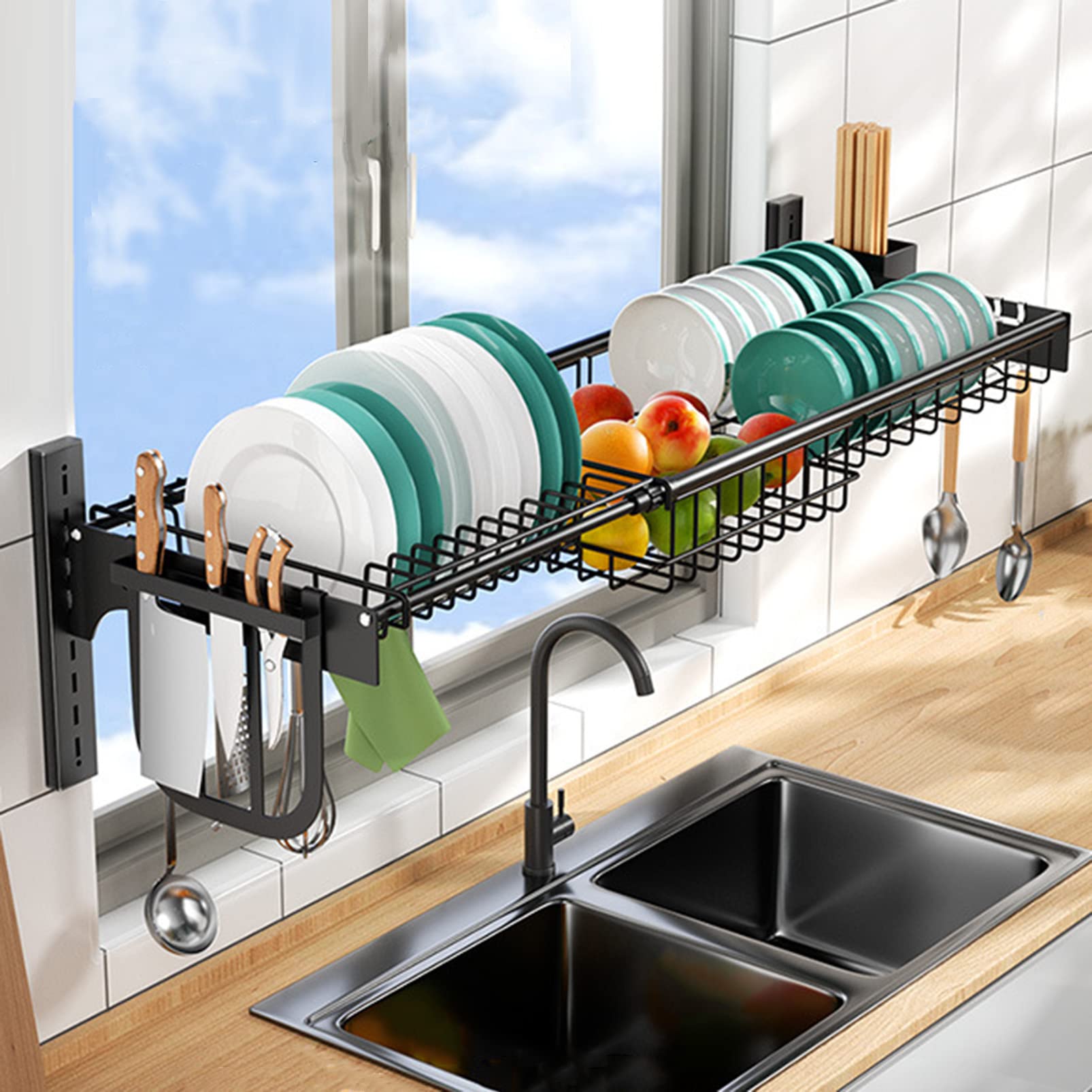 Expandable Stainless Steel Cutlery Drainer & Dish Drying Rack - Over The Sink Wall Mounted Kitchen Organizer with Utensil Holder & Hooks - Space Saving Counter Shelf for Small Kitchens, Apartments & RVs