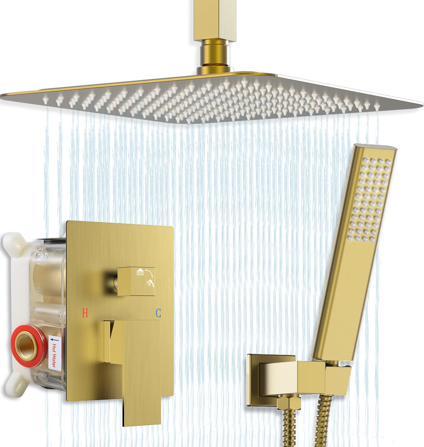EMBATHER 12 Inch Ceiling Mounted Shower System - High Pressure Luxury Rain Shower Combo with Square Shower Head, Handheld Spray, Mixer Valve & Trim Kit for Spa-Like Bathroom Experience