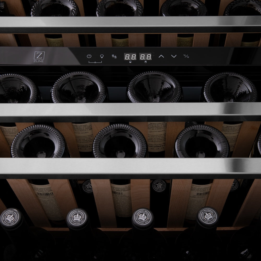 ZLINE 24 Inch Stainless Steel Dual Zone 44 Bottle Wine Cooler Refrigerator - Perfect for Home Bars, Restaurants, and Wine Cellars (RWV UD 24)