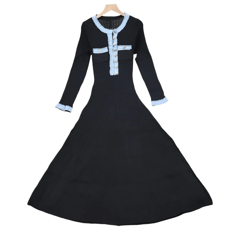 2024 Autumn Women's Patchwork Knit Dress - Black White Blue Single Breasted Elegant French Style Long Sleeve Dress for Fall Festival & Holiday Parties | Perfect for Office, Date Night & Special Occasions