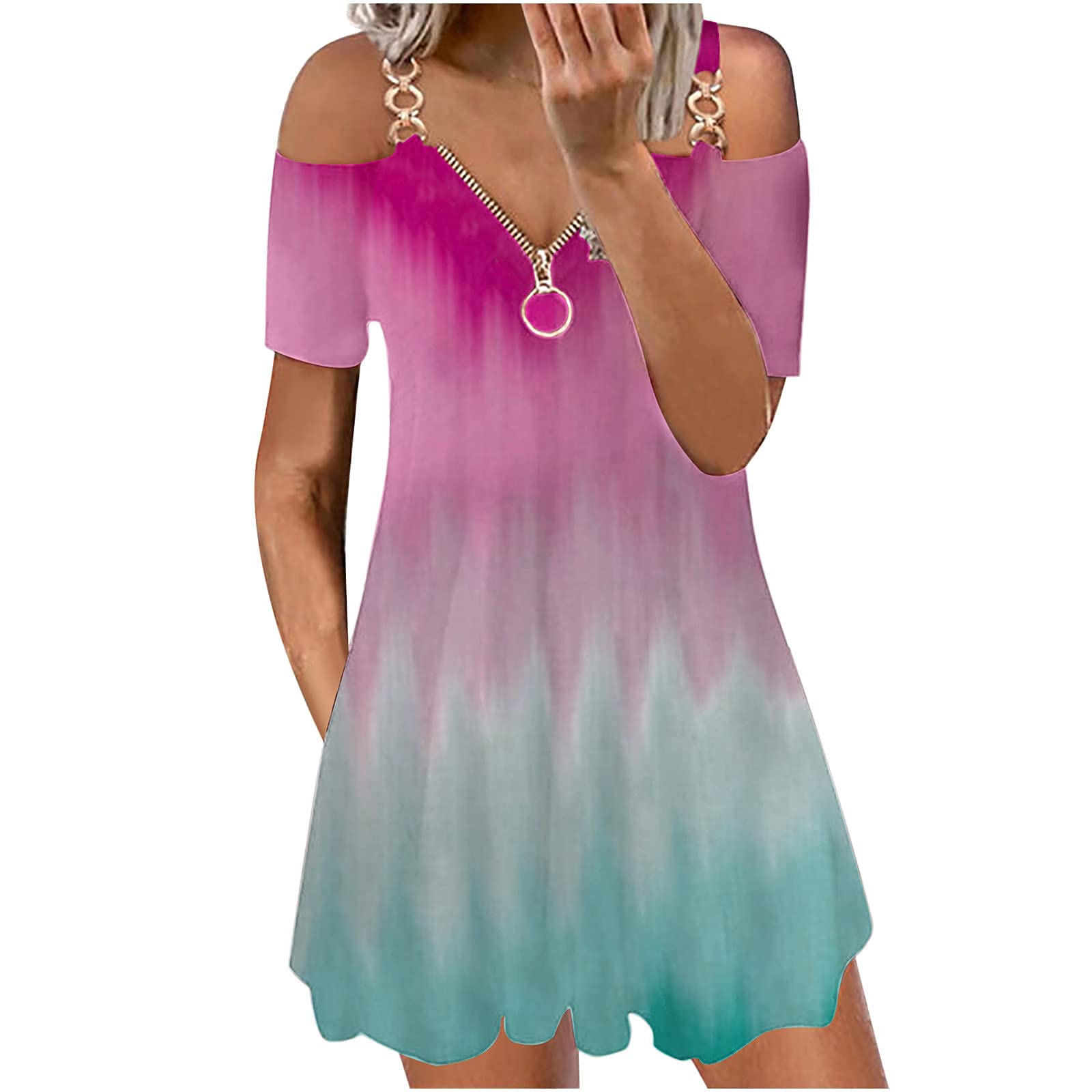 Women's Printed Zipper Casual Short-Sleeve Off-The-Shoulder Wrap Dress for Summer | Beach Vacation, Date Night & Outdoor Party Outfit