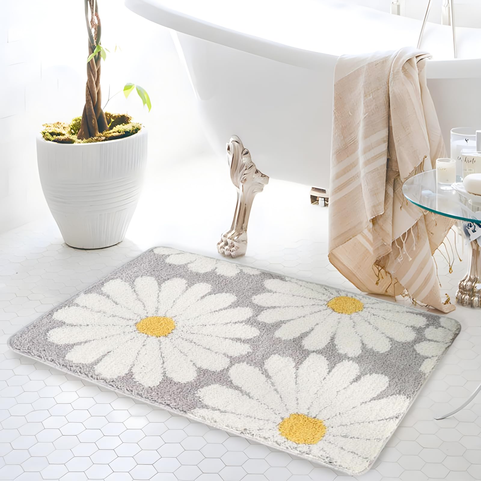 Soft Fluffy Daisy Bathroom Rug - Absorbent & Anti-Slip Shaggy Bath Mat, Cute Cartoon Flower Grey Decor for Home (15.7x23.6 Inch) - Perfect for Bathroom, Bedroom & Kids Room Decor