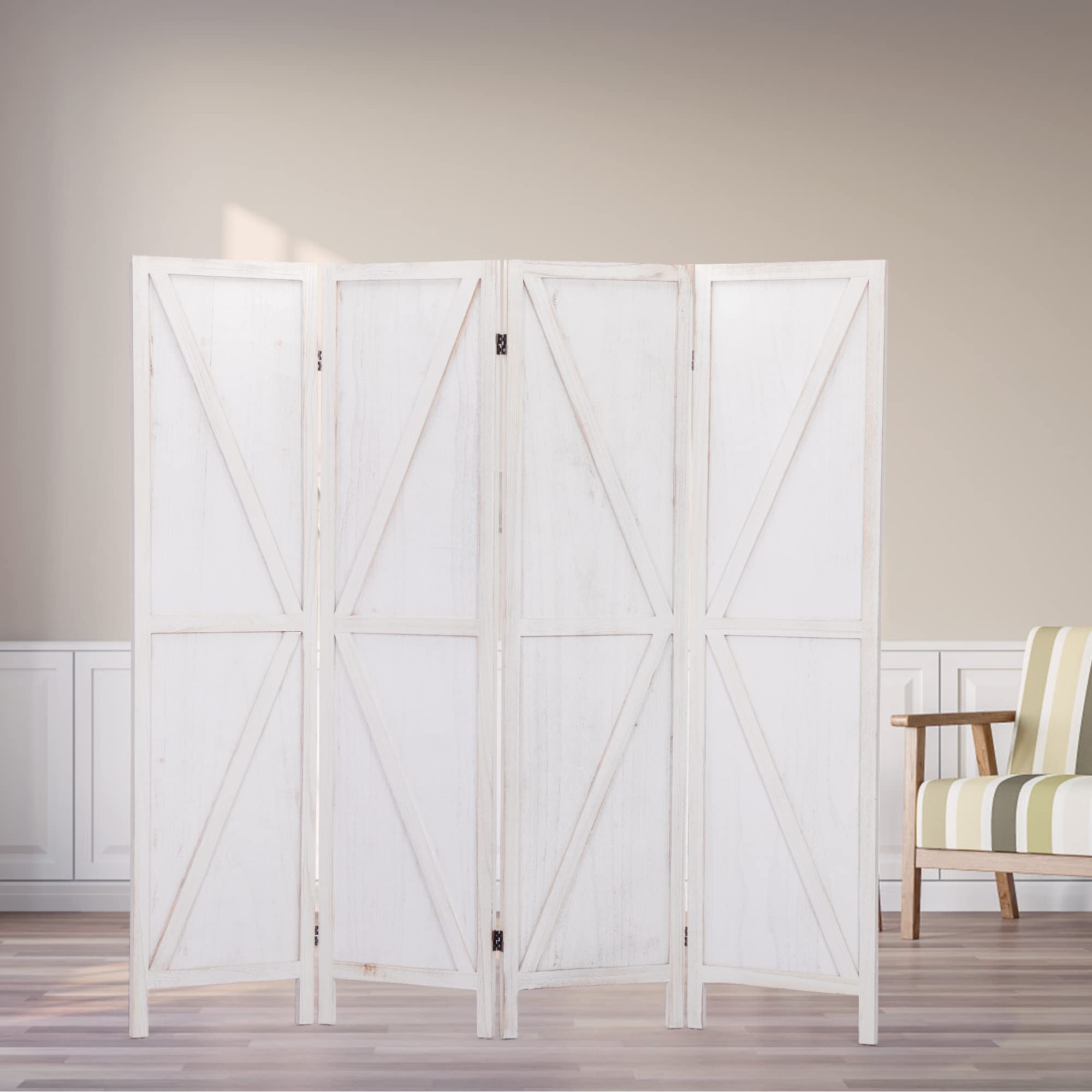 JAXPETY 4-Panel Wood Room Divider - 5.6 Ft Tall Folding Privacy Screen for Home, Office & Bedroom - Freestanding Oriental Style Room Separator (White) | Perfect for Creating Private Spaces, Home Decor & Room Partition