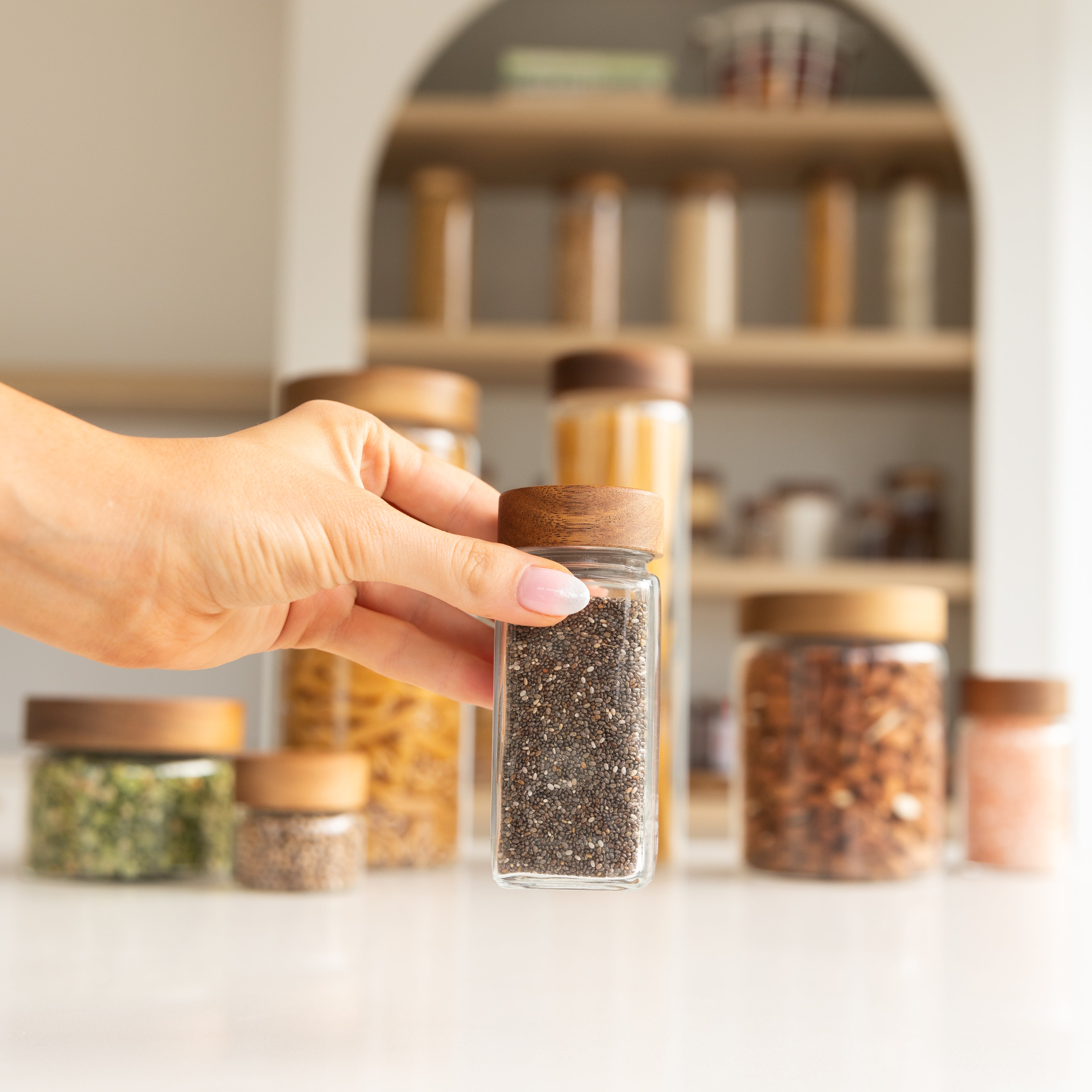 Premium Acacia Wood Spice Jars with Shaker Lids - 125ml (4.2oz) Glass Bottles for Kitchen, Pantry & Spice Organization - Perfect for Herbs, Seasonings & Cooking Essentials