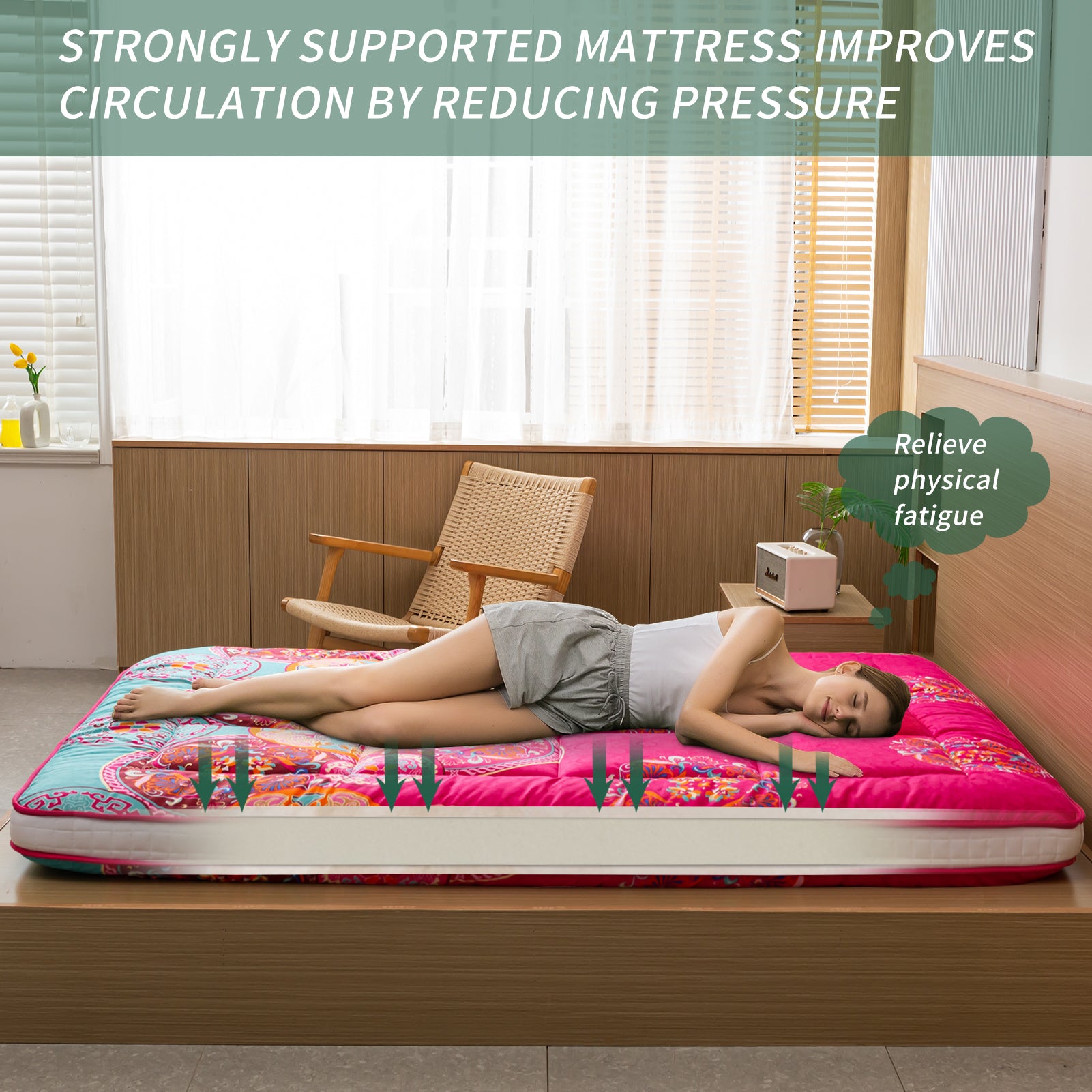 MAXYOYO Padded Japanese Floor Mattress - Bohemian Style Futon for Home & Outdoor Use | Comfortable Floor Sleeping Mat for Guest Room, Camping, and Lounging