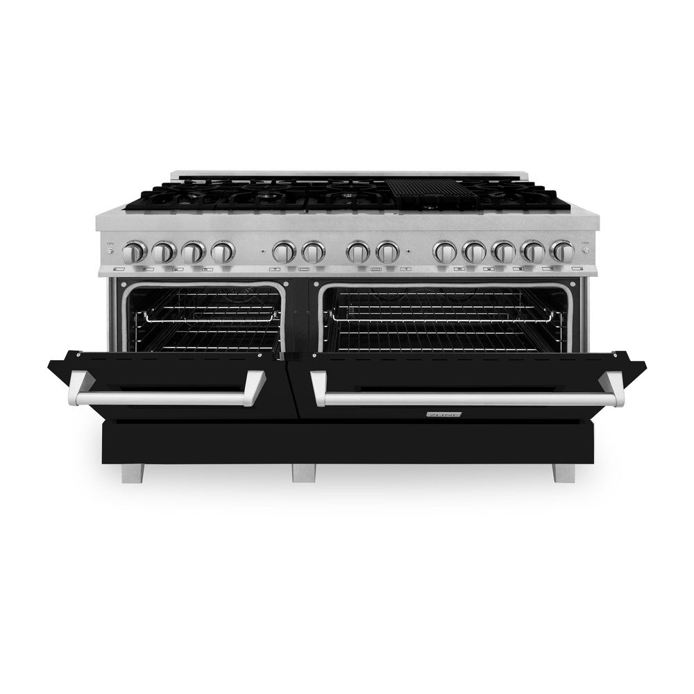 ZLINE 60-inch 7.4 cu.ft Dual Fuel Range - 9 Burner Gas Cooktop & 2 Electric Convection Ovens - Satin Stainless Steel with Black Matte Doors (RAS BLM 60) - Perfect for Professional Home Chefs & Modern Kitchens