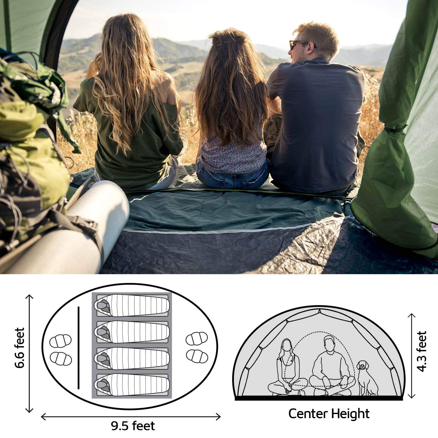 4 Person Instant Pop Up Tent - 9.5’X6.6’X52’’ Waterproof Family Camping Tent with 2 Doors | Automatic Setup for Easy Camping, Hiking, Backpacking & Outdoor Adventures | Perfect for Family Trips, Beach Days & Music Festivals