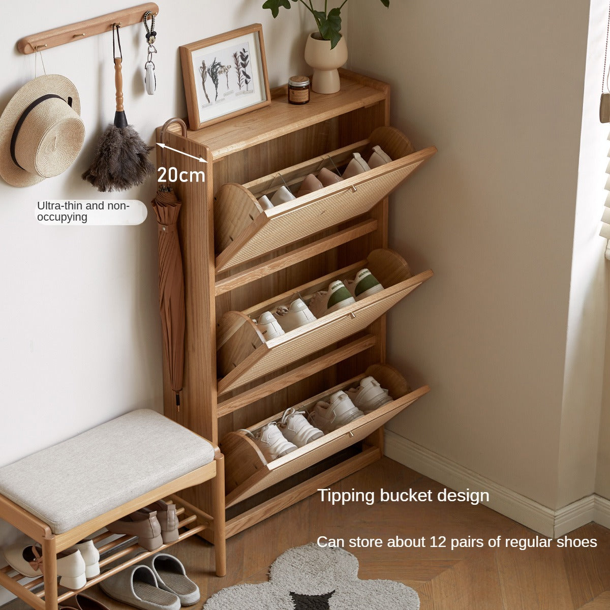 Oak Solid Wood Ultra Thin Flap Door Rattan Shoe Cabinet - Space Saving Entryway Storage Organizer for Hallway, Closet & Mudroom