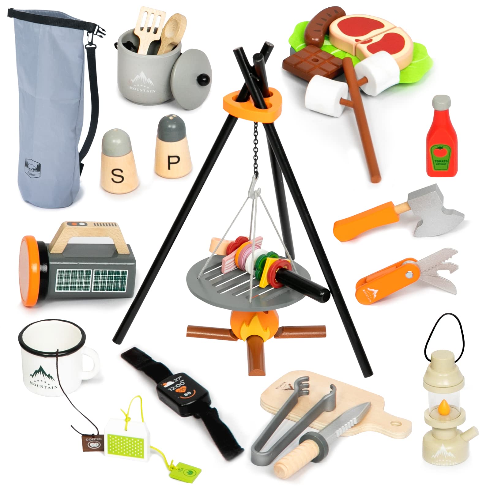 UMI Kids Camping Toys Set - Wooden Pretend Play Campfire & Cutting Food Playset for Play Kitchen, Indoor Outdoor Camping Gear for Toddlers Boys Girls Ages 3-8 - Perfect for Pretend Play, Birthday Gifts & Outdoor Adventure Learning
