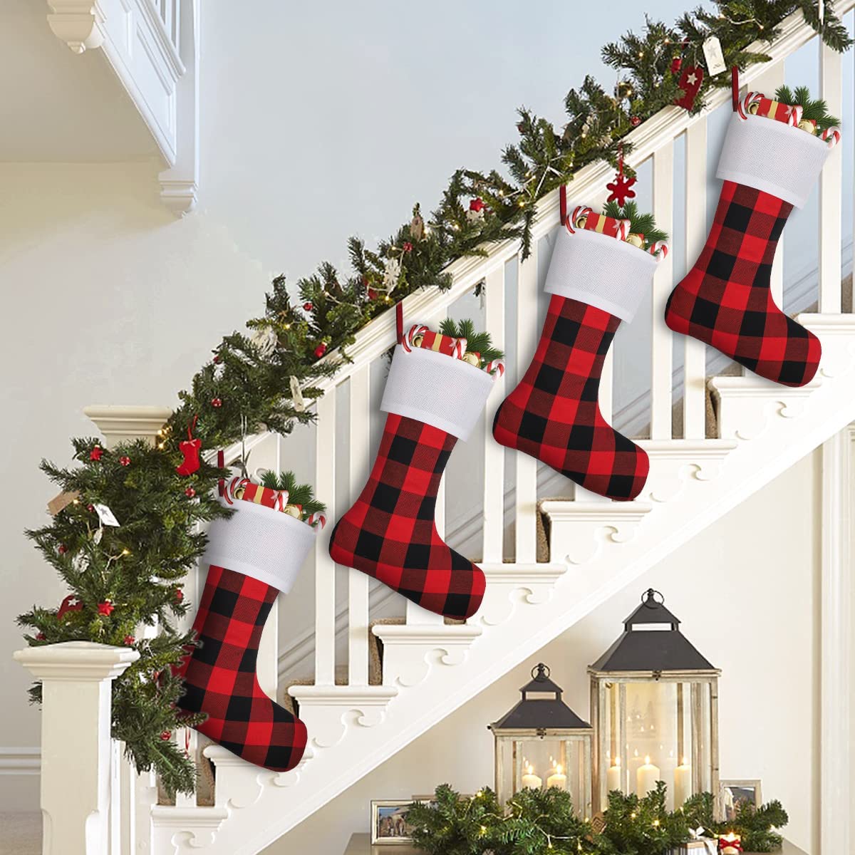 8 Pack Christmas Stockings 18 Inch - Buffalo Plaid Personalized Stockings for Family Holiday Decor, Xmas Party, Fireplace Mantel (White Cuff/Red Black Plaid) - Festive Home Decor & Gift Hanging Solution