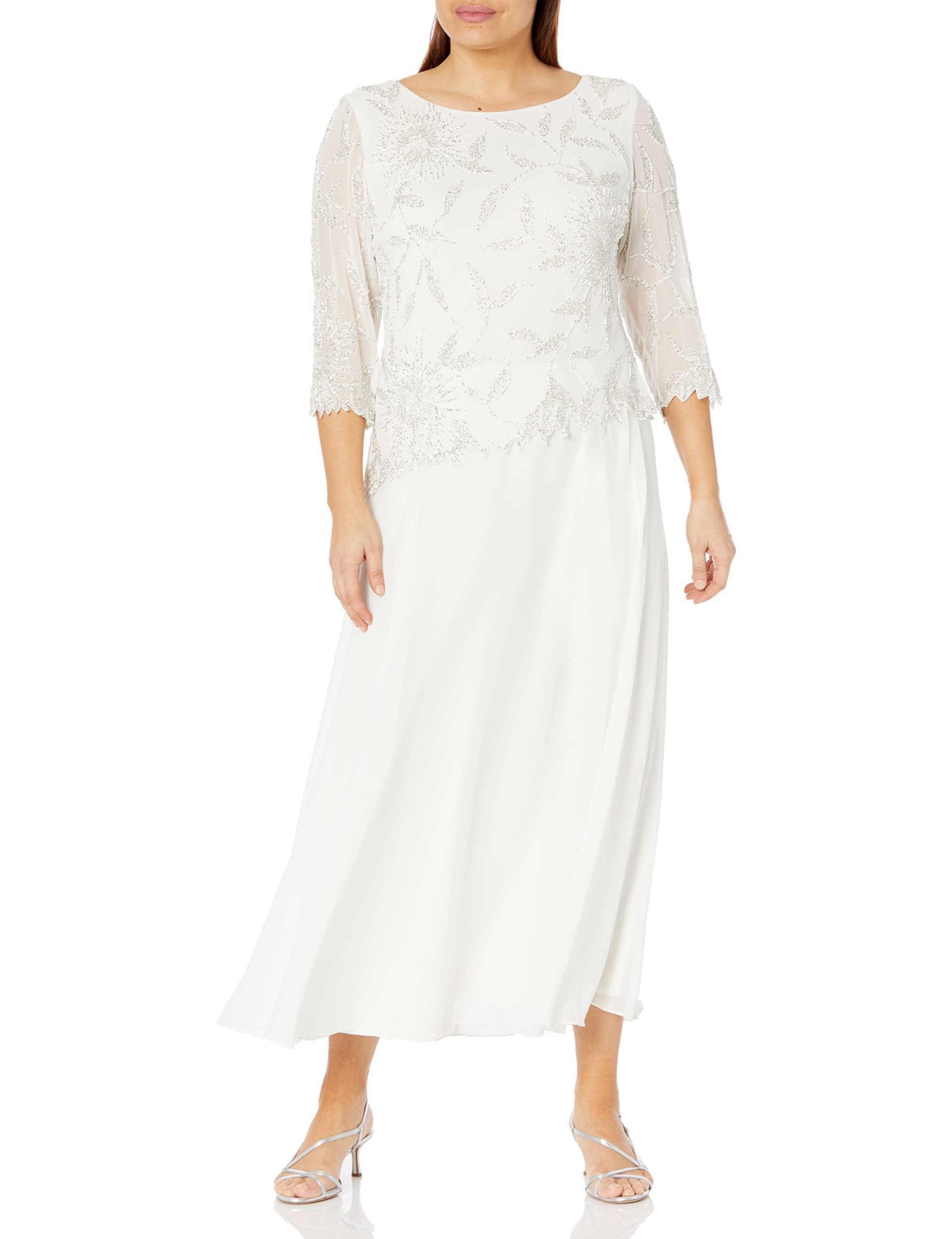 J Kara Women's Plus Size Beaded Scoop Neck 3/4 Sleeve Long Dress - Elegant Party Wear for Evening Events & Special Occasions