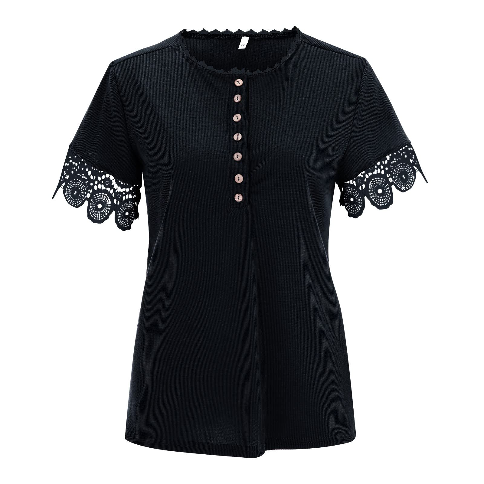 Women's Business Casual Lace Collar Short Sleeve T-Shirt - Solid Color Black Top for Office Wear & Everyday Outfits