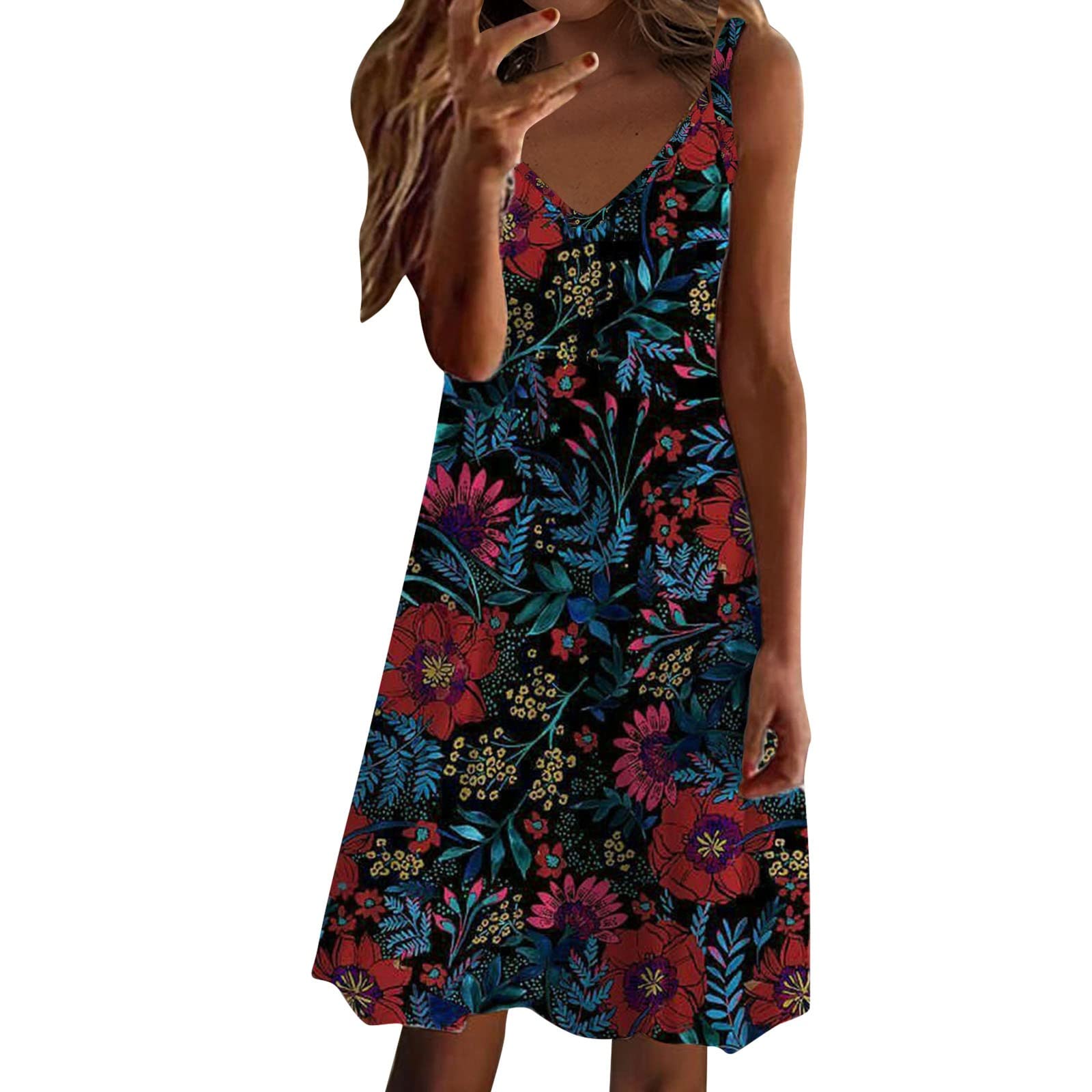 Blue Gold Boho Floral V-Neck Midi Dress for Women - Sleeveless Summer & Spring Dress for Beach, Vacation, and Casual Outings