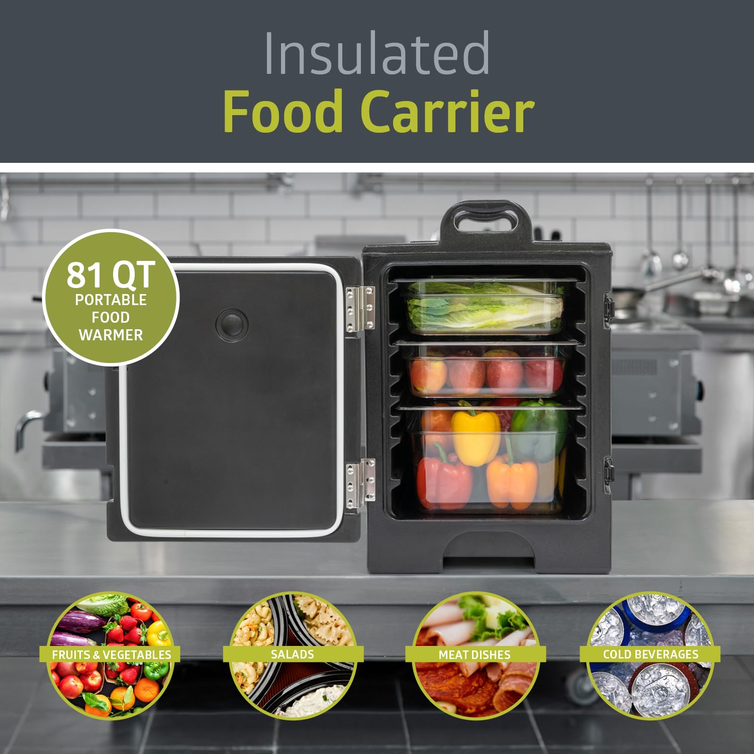 Pearington 81 Quart Black Insulated Food Pan Carrier - Holds 5 Full-Size Pans, End-Loading Design for Catering, Restaurants & Food Service - Perfect for Hot/Cold Food Transport & Storage