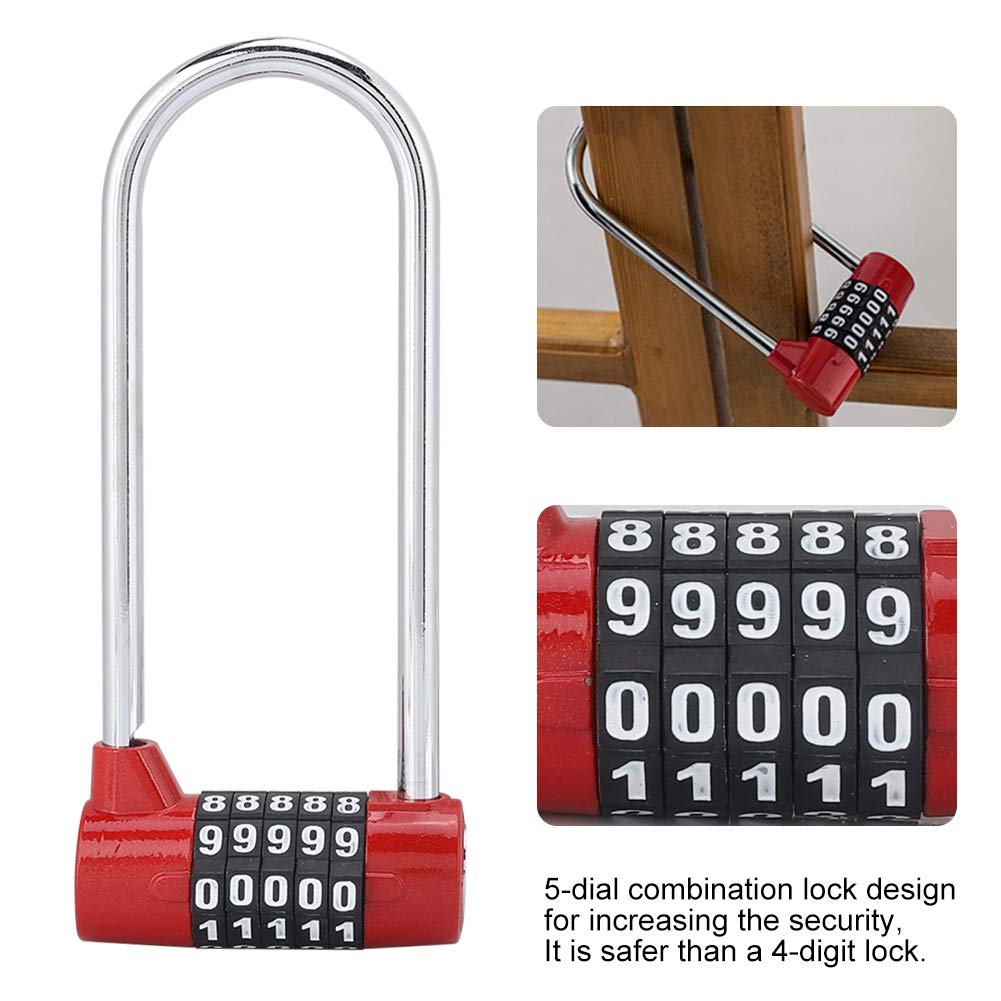 Sonew 5-Digit Resettable Combination Padlock - Heavy Duty Alloy U-Shape Security Lock for Gym, School, Cabinet & Locker - Extra Long Durable Design (Red) - Perfect for Lockers, Storage Units, Toolboxes & Outdoor Gates