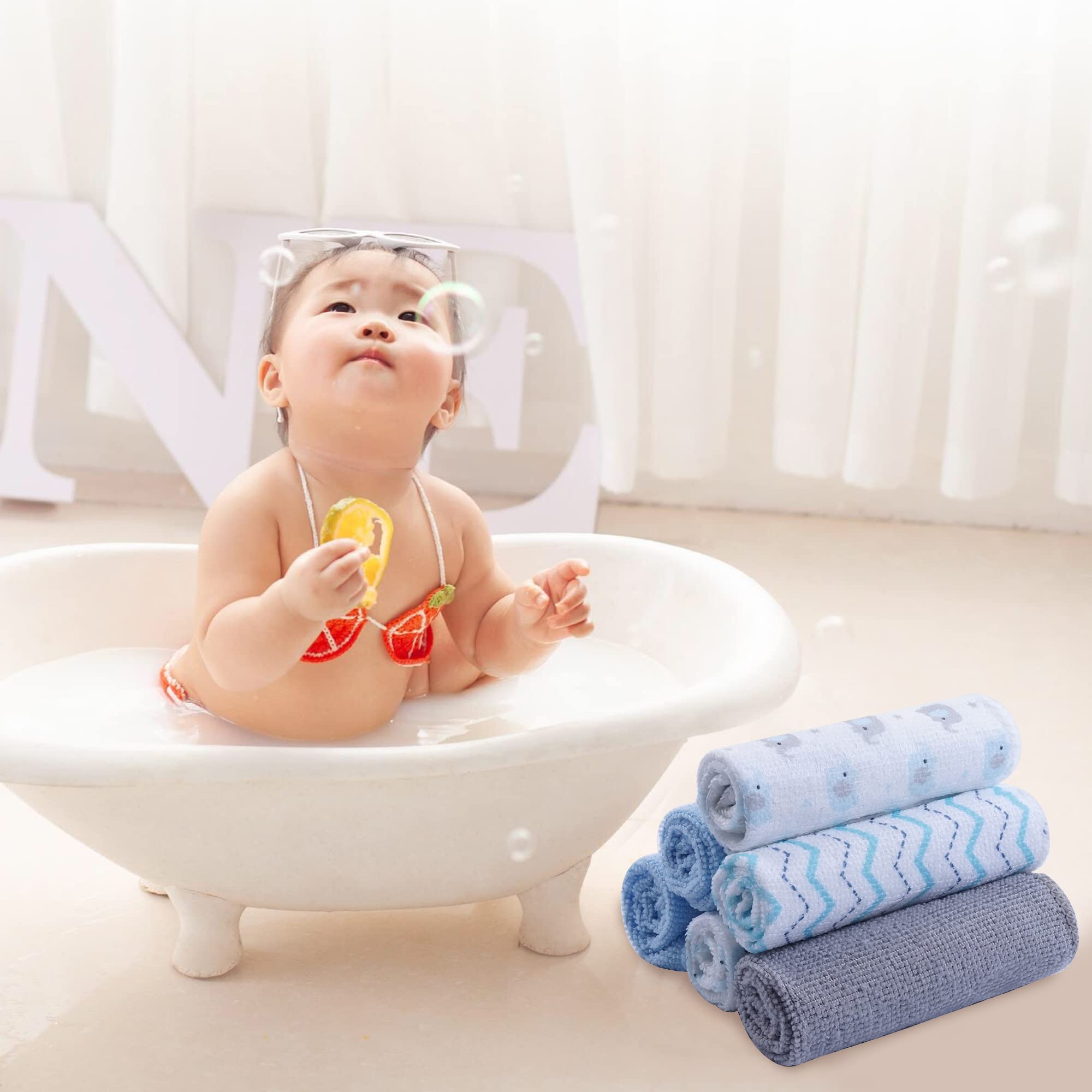 24-Pack Ultra Soft Baby Washcloths - Extra Absorbent & Gentle for Sensitive Skin | 9x9 Inch Unisex Baby Towels for Face & Body Care | Perfect for Newborns, Toddlers & Kids Bath Time (Blue Elephant Design)