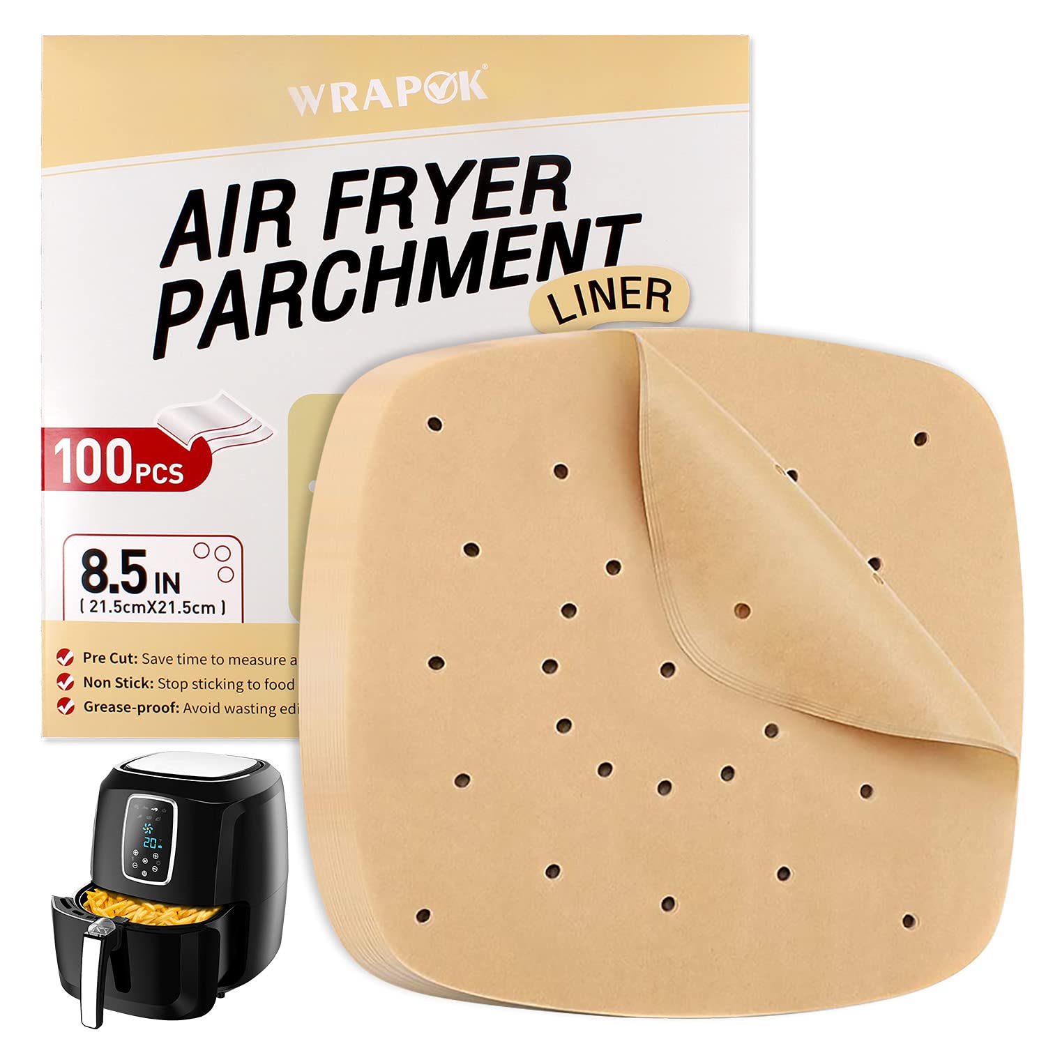 WRAPOK 8.5 Inch Unbleached Perforated Air Fryer Parchment Paper - 100 Non-Stick Liner Sheets for Cooking Meats, Chips, Cookies | Perfect for Air Fryers, Ovens & Baking | Healthy Oil-Free Cooking Solution