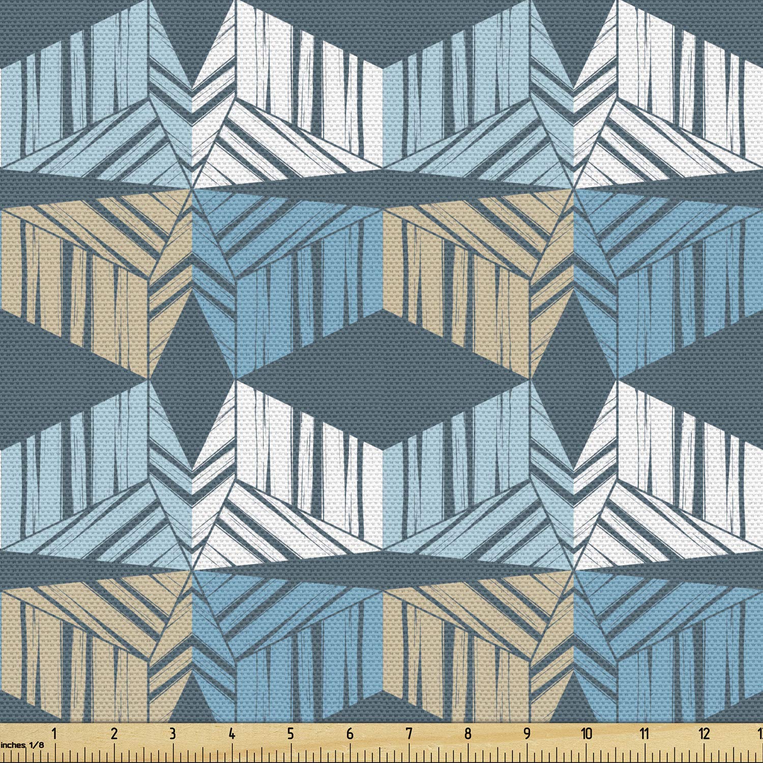 Ambesonne Abstract Fabric by The Yard - Geometric Cubes Symmetric Shapes Modern Mosaic Design for Upholstery, Curtains & Home Decor | 10 Yards Ecru Slate Blue Teal | Perfect for DIY Projects, Sofa Covers, Throw Pillows & Wall Hangings