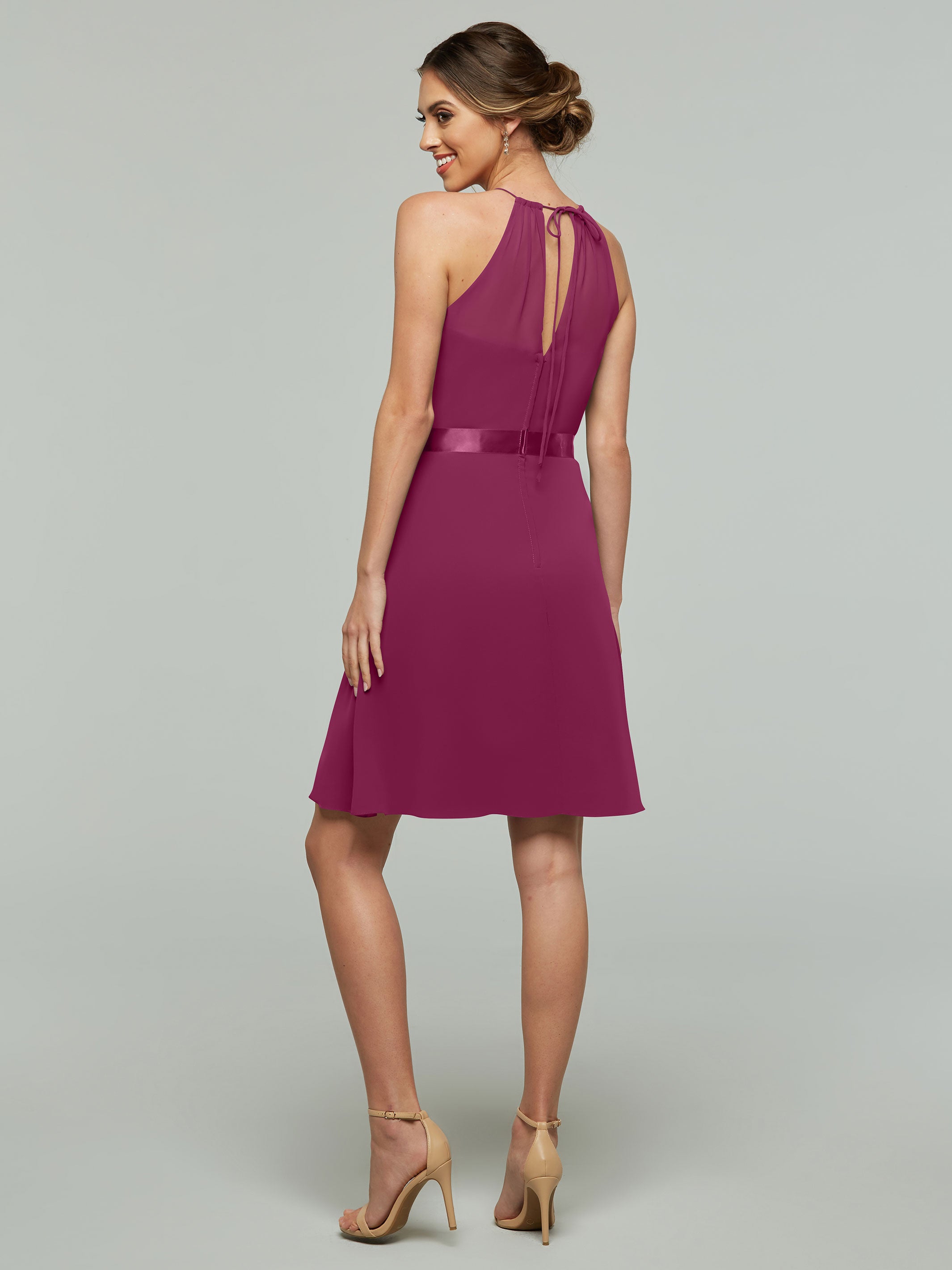 Elegant 80042 Knee-Length Chiffon Bridesmaid Dress with Halter Neckline & Keyhole Back - Perfect for Weddings, Parties & Formal Events