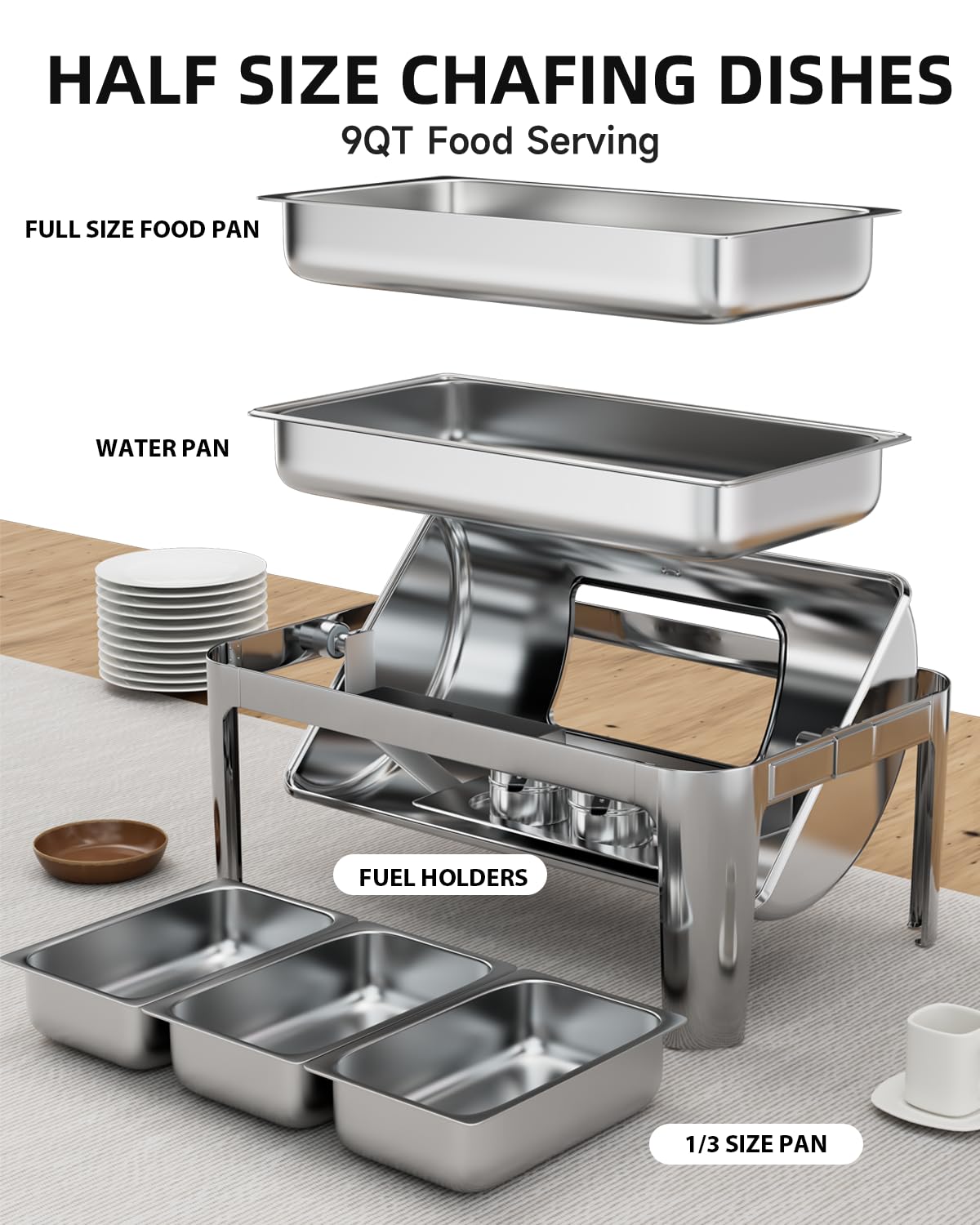 Stainless Steel Chafing Dish Buffet Set - 1 Full Size & 3 1/3 Size 9QT Rectangular Food Pans with Roll Top - Perfect for Wedding Catering, Birthday Parties, Thanksgiving & New Year Events - Ideal for Buffet Serving, Banquets and Large Gatherings