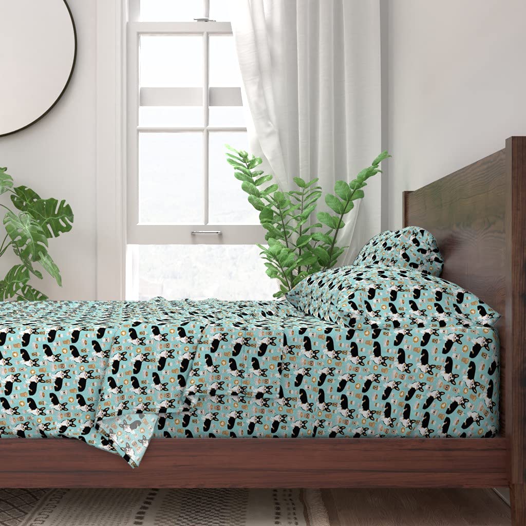 Corgi Print 100% Cotton Queen Size 4-Piece Sheet Set - Tri-Color Corgi & Coffee Dog Breed Design | Soft Breathable Bedding for Home, Dorm & Guest Room